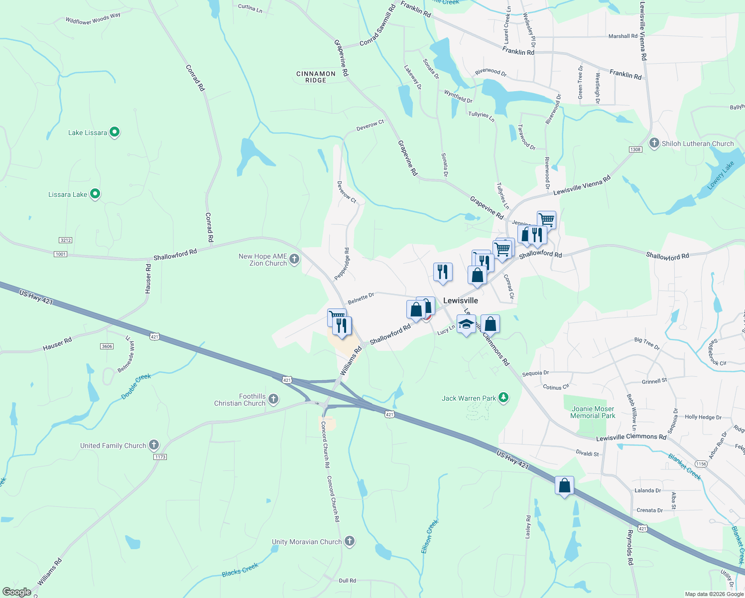 map of restaurants, bars, coffee shops, grocery stores, and more near 270 Belnette Drive in Lewisville