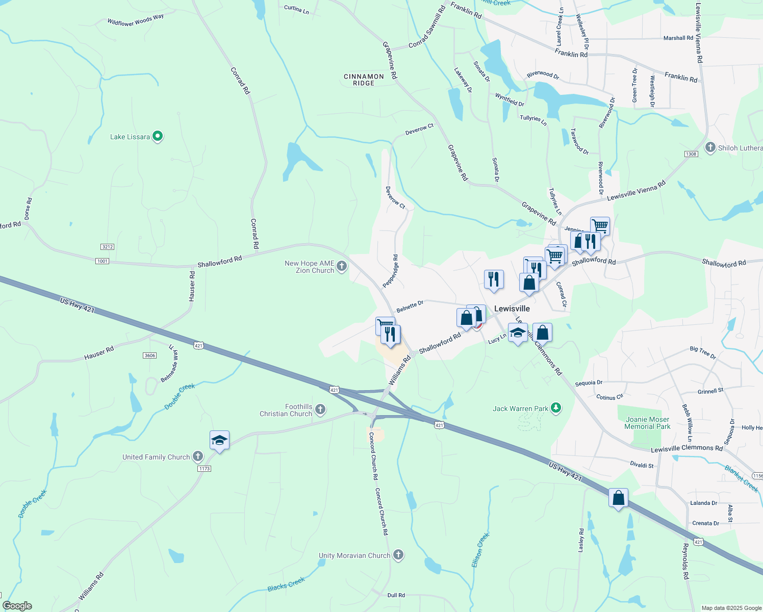 map of restaurants, bars, coffee shops, grocery stores, and more near 6890 Shallowford Road in Lewisville