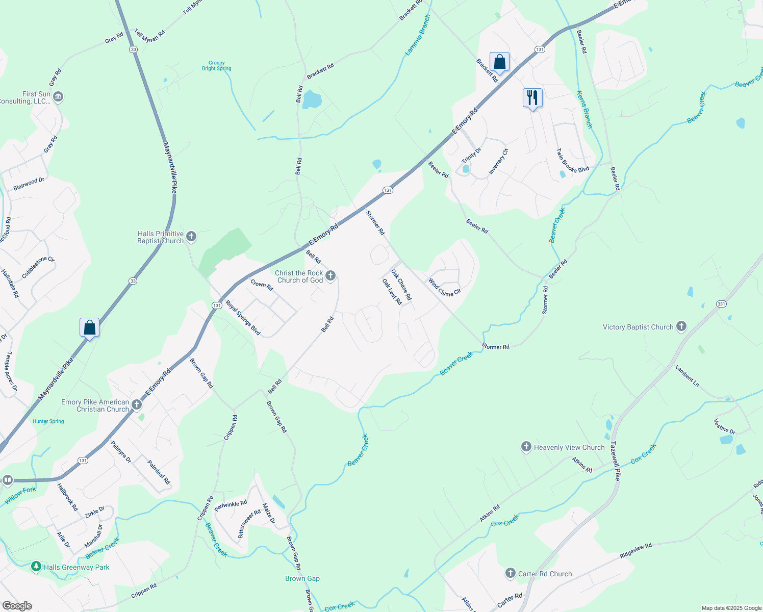 map of restaurants, bars, coffee shops, grocery stores, and more near 5700 Jonah Lane in Knoxville
