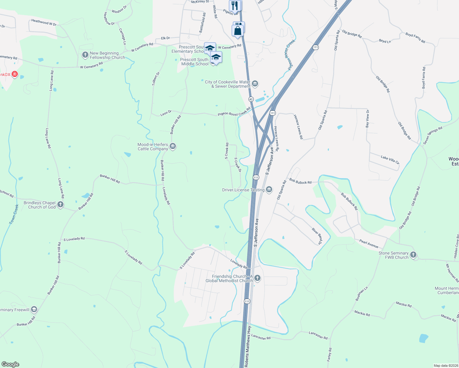 map of restaurants, bars, coffee shops, grocery stores, and more near 4557 South Creek Road in Cookeville