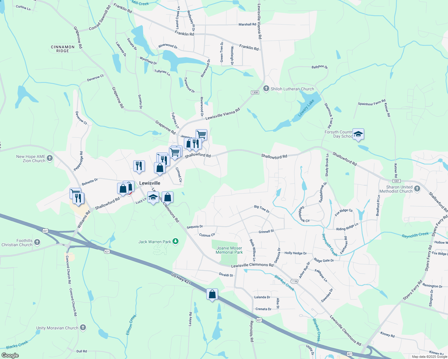 map of restaurants, bars, coffee shops, grocery stores, and more near 185 Oak Grove Ave in Lewisville