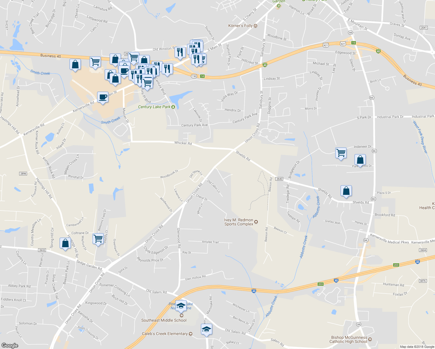 map of restaurants, bars, coffee shops, grocery stores, and more near 1112 Constantine Court in Kernersville