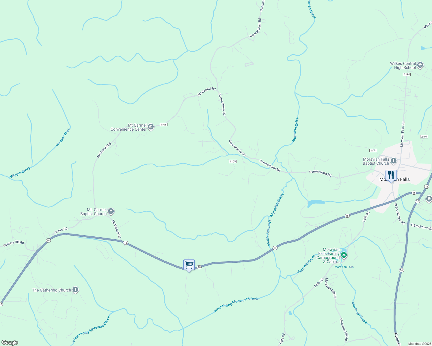 map of restaurants, bars, coffee shops, grocery stores, and more near 552 Moravian Kilby Road in Moravian Falls