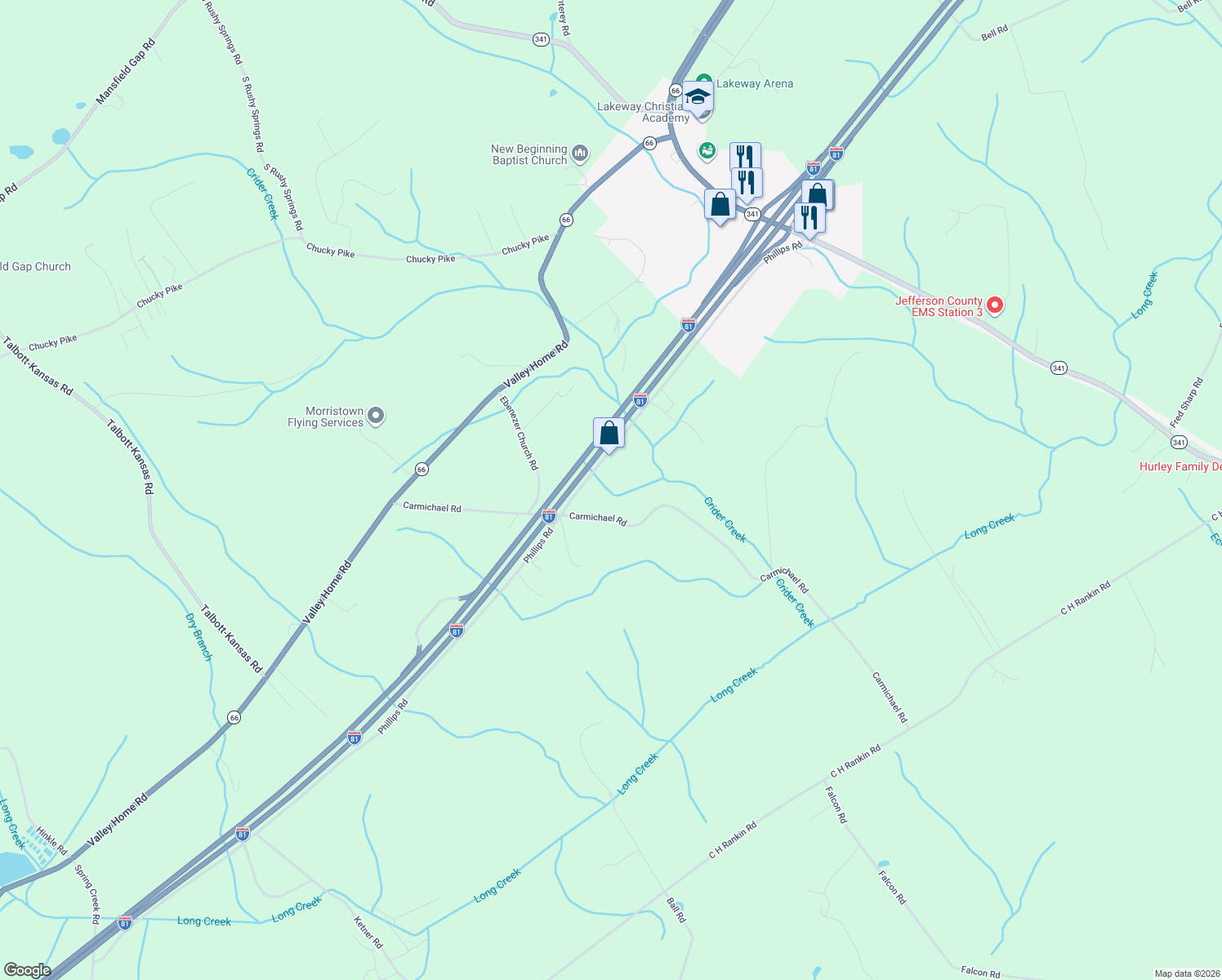 map of restaurants, bars, coffee shops, grocery stores, and more near 2154 Carmichael Road in Talbott