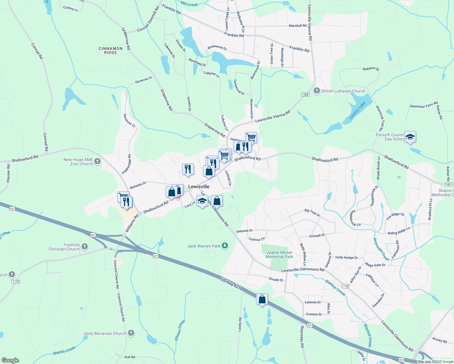 map of restaurants, bars, coffee shops, grocery stores, and more near 185 Conrad Circle in Lewisville