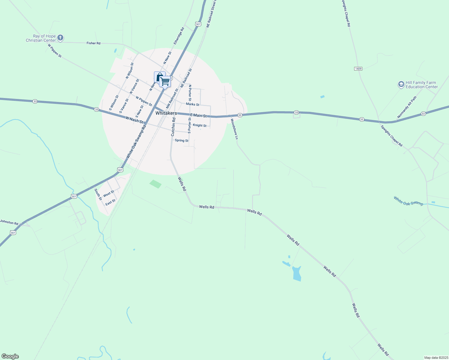 map of restaurants, bars, coffee shops, grocery stores, and more near 3828 Wells Rd in Whitakers