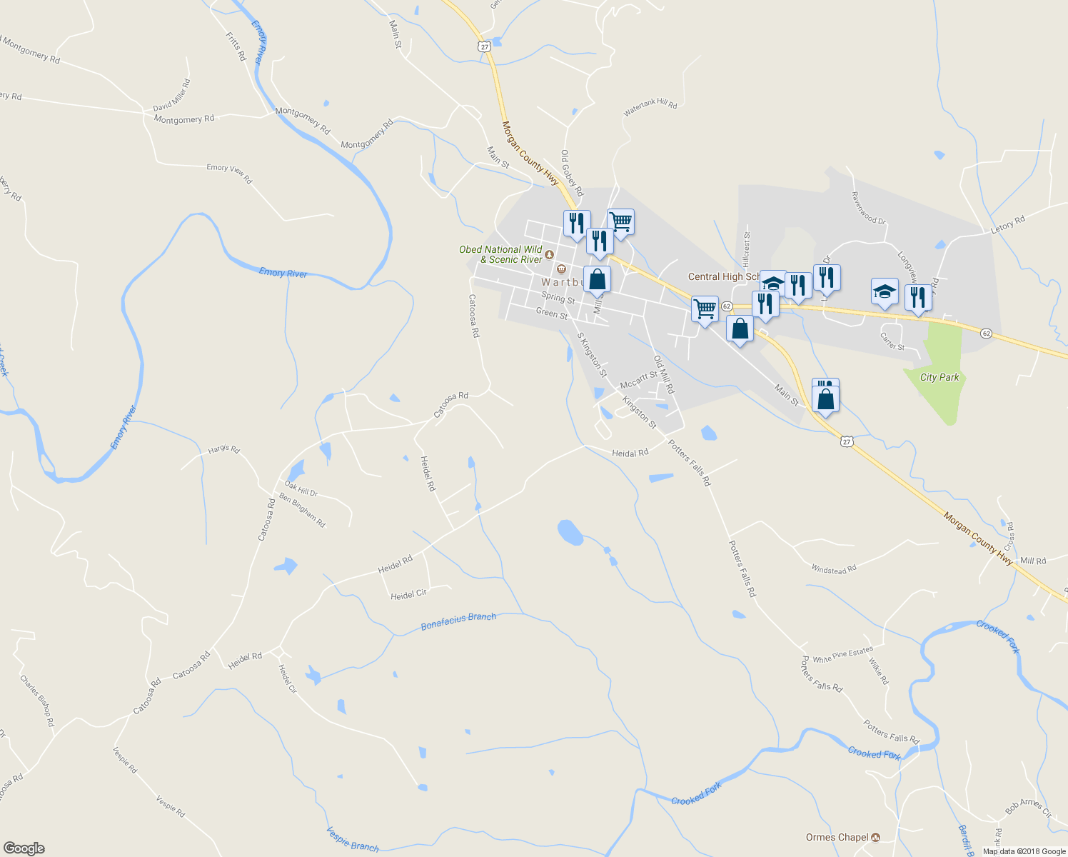 map of restaurants, bars, coffee shops, grocery stores, and more near 185 Catoosa Road in Wartburg