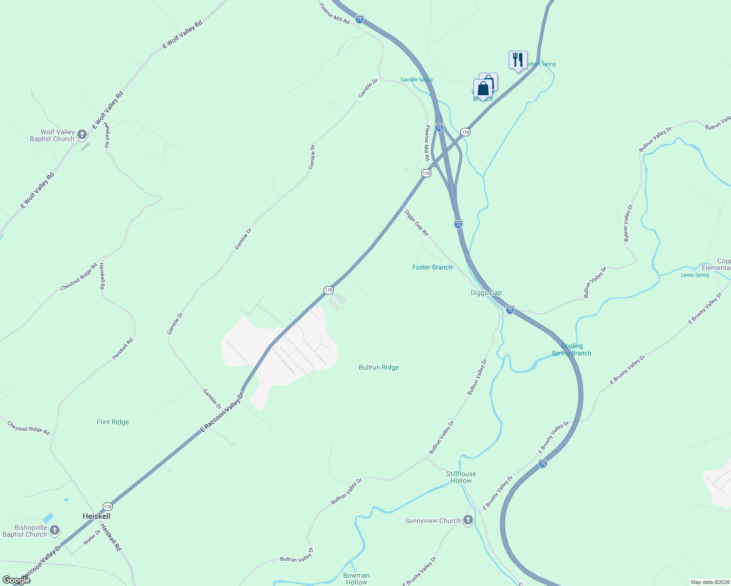 map of restaurants, bars, coffee shops, grocery stores, and more near 9501 Hausmond Way in Heiskell
