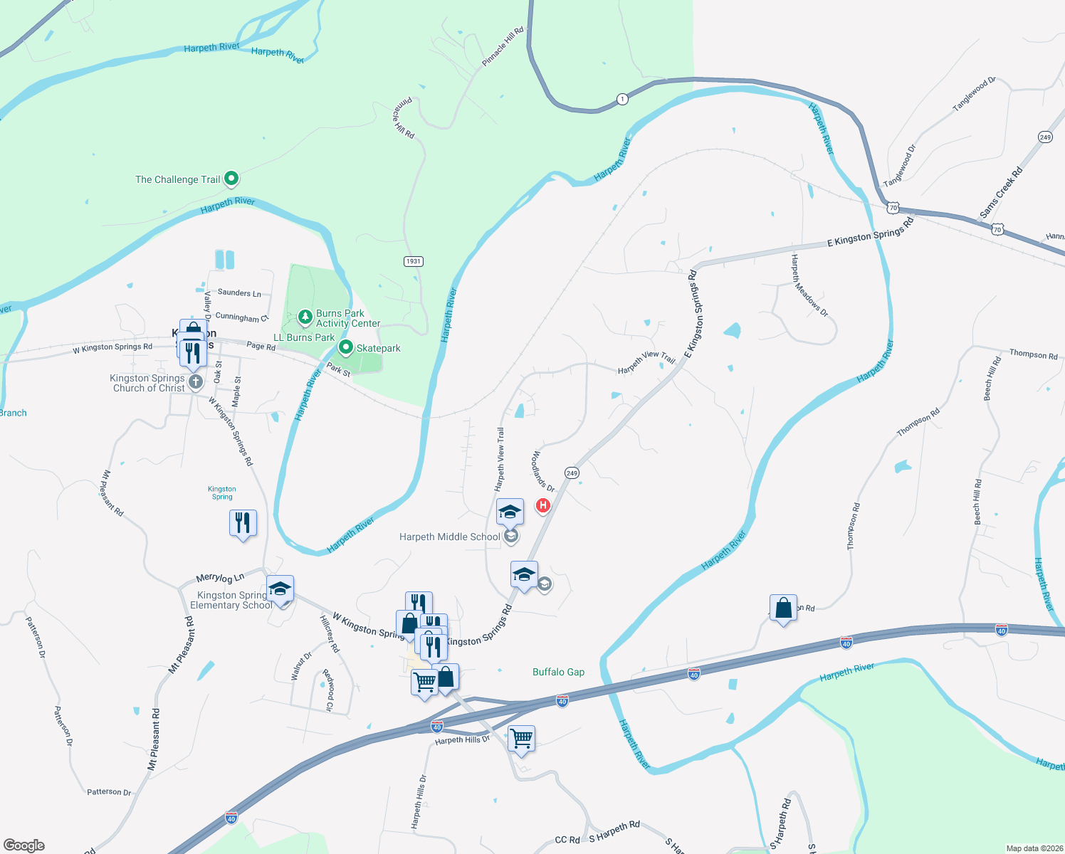 map of restaurants, bars, coffee shops, grocery stores, and more near 269 Cedar Ct in Kingston Springs