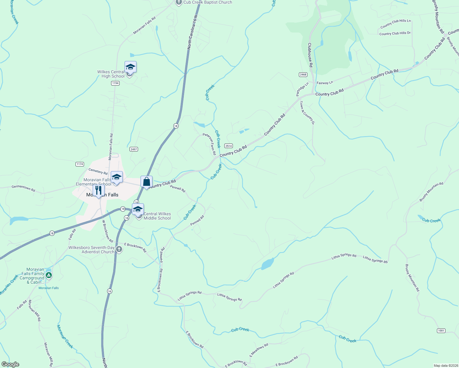 map of restaurants, bars, coffee shops, grocery stores, and more near 105 Longview Drive in Wilkesboro
