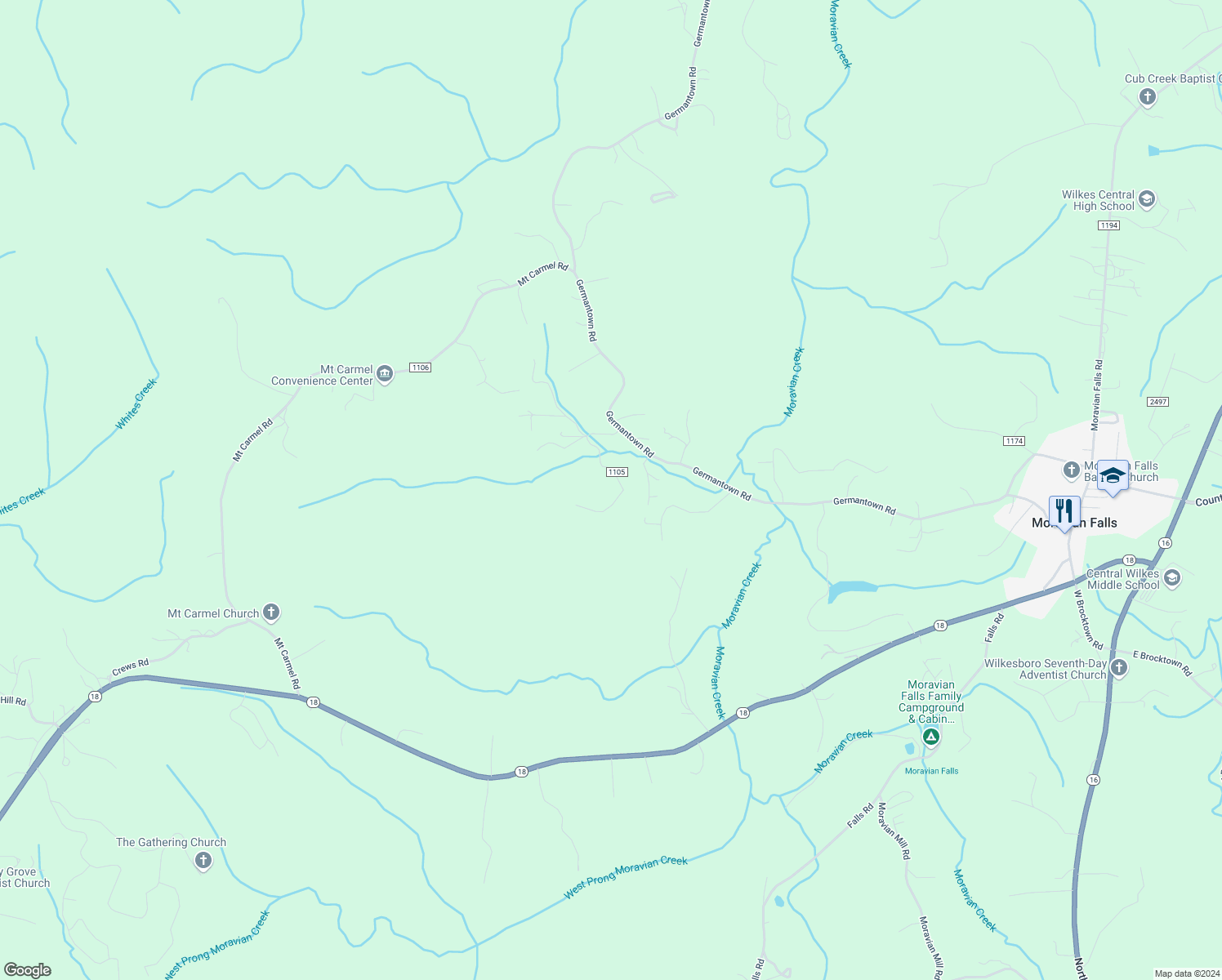 map of restaurants, bars, coffee shops, grocery stores, and more near 370 Moravian Kilby Road in Moravian Falls