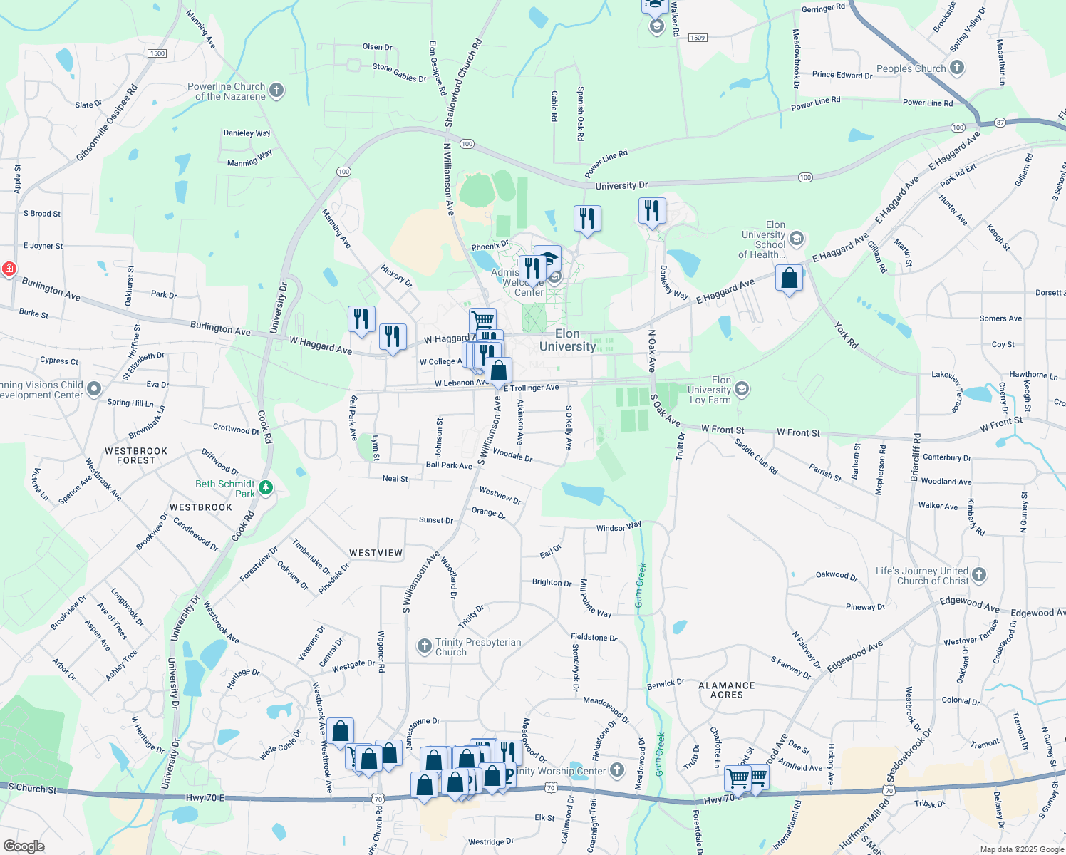 map of restaurants, bars, coffee shops, grocery stores, and more near 207 East Foster Drive in Elon
