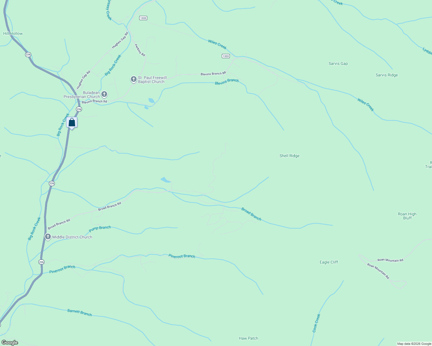 map of restaurants, bars, coffee shops, grocery stores, and more near Nicholas Knoll Road in Bakersville
