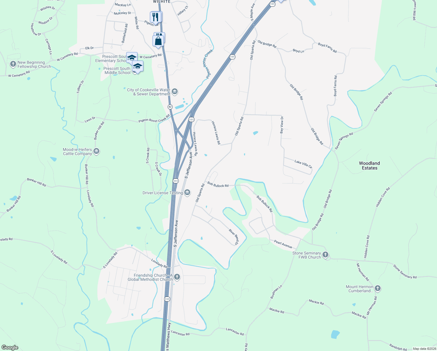 map of restaurants, bars, coffee shops, grocery stores, and more near 1128 Old Sparta Road in Cookeville