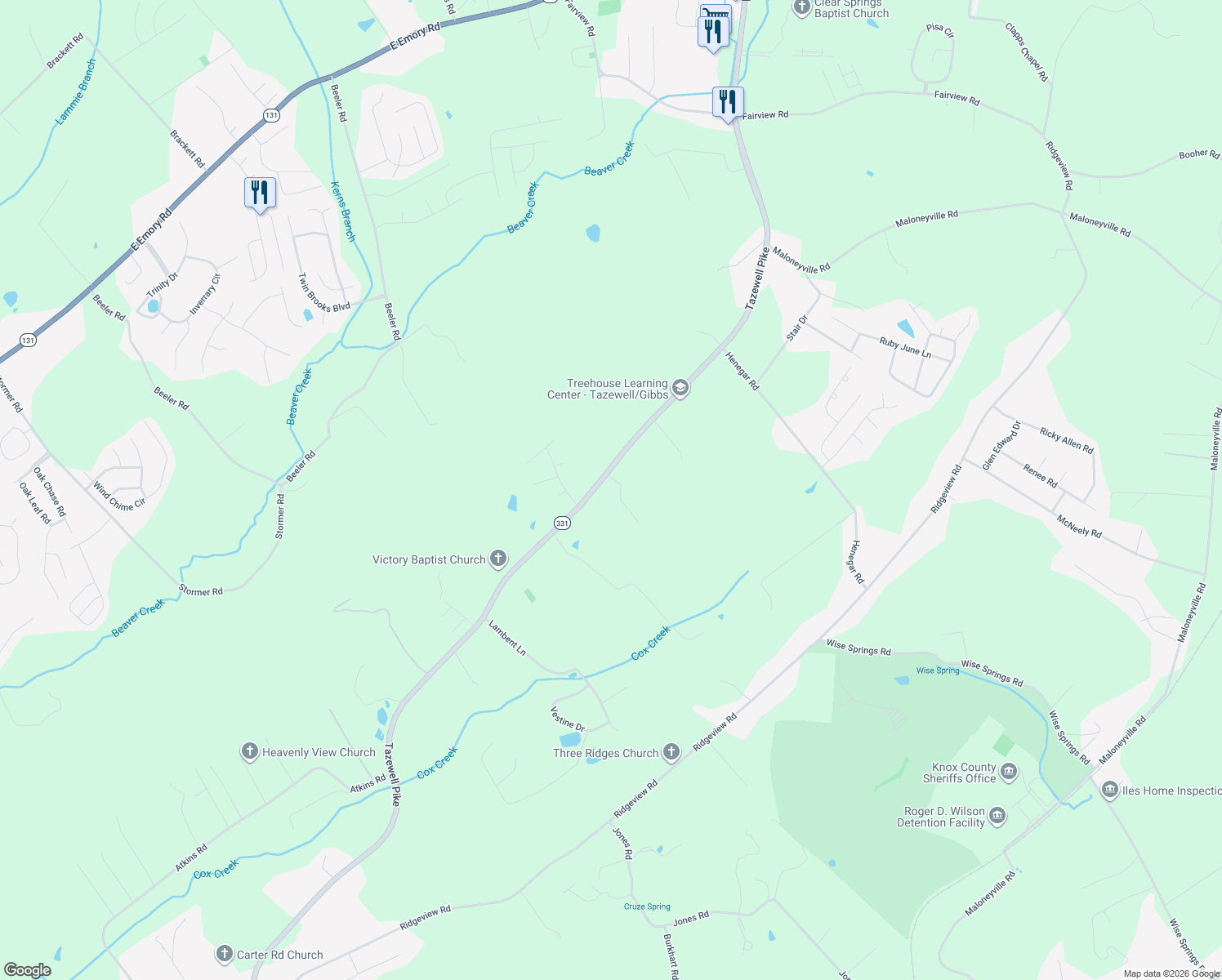 map of restaurants, bars, coffee shops, grocery stores, and more near 6734 Tazewell Pike in Knoxville