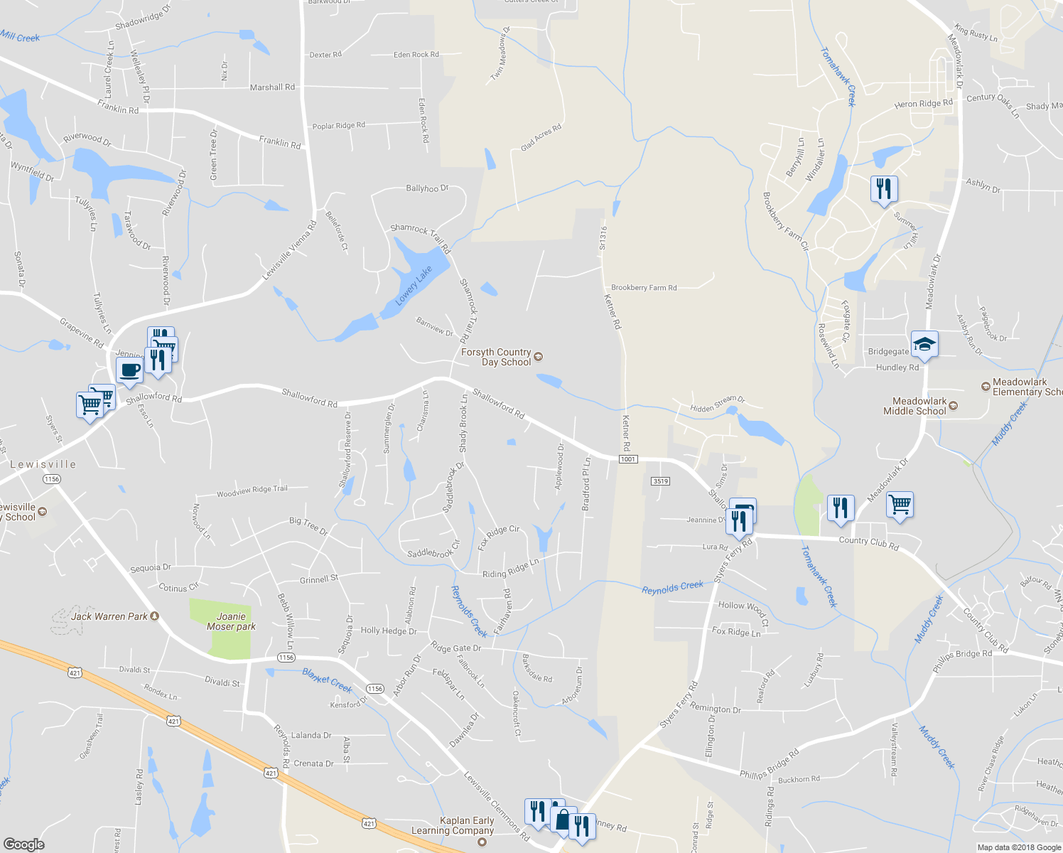 map of restaurants, bars, coffee shops, grocery stores, and more near 5480 Shallowford Road in Lewisville