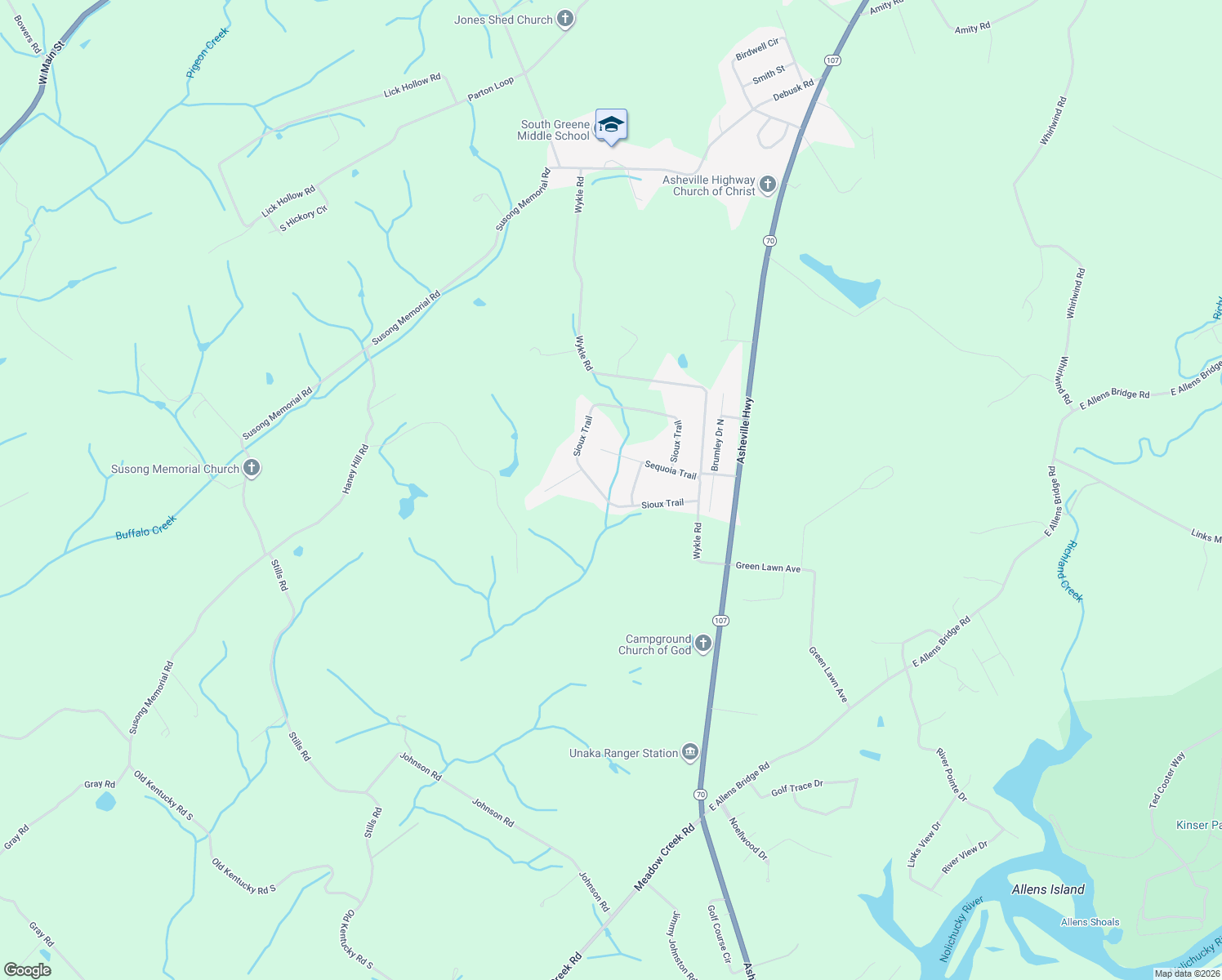 map of restaurants, bars, coffee shops, grocery stores, and more near 290 Sioux Trail in Greeneville