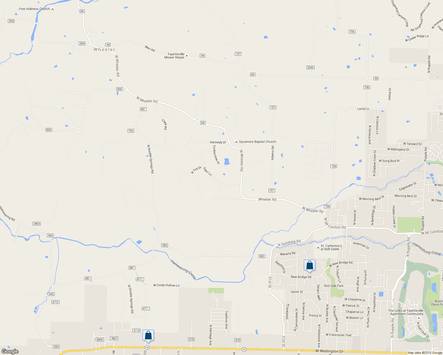 map of restaurants, bars, coffee shops, grocery stores, and more near 2532 Staci Lane in Fayetteville