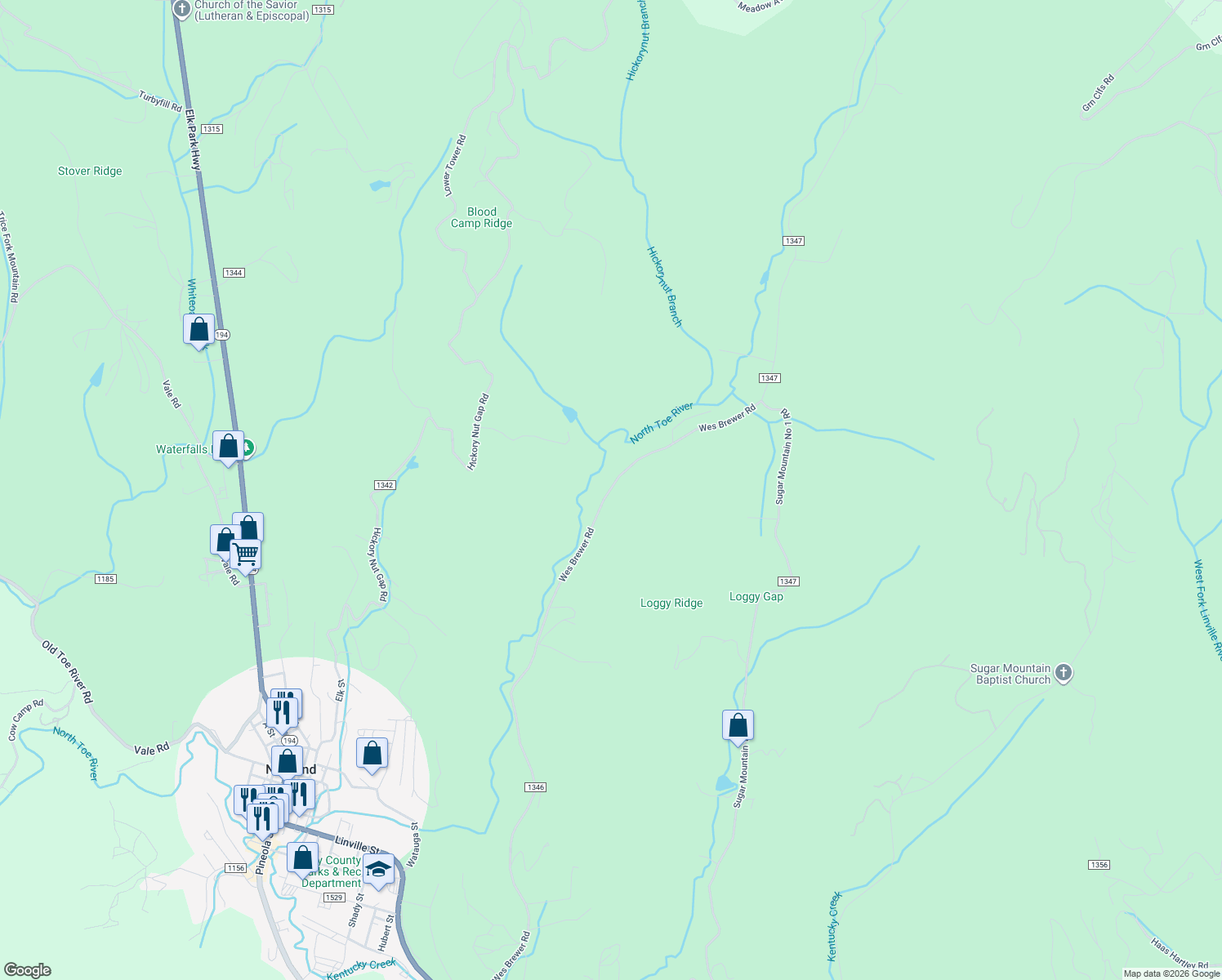 map of restaurants, bars, coffee shops, grocery stores, and more near 1690 Wes Brewer Road in Newland