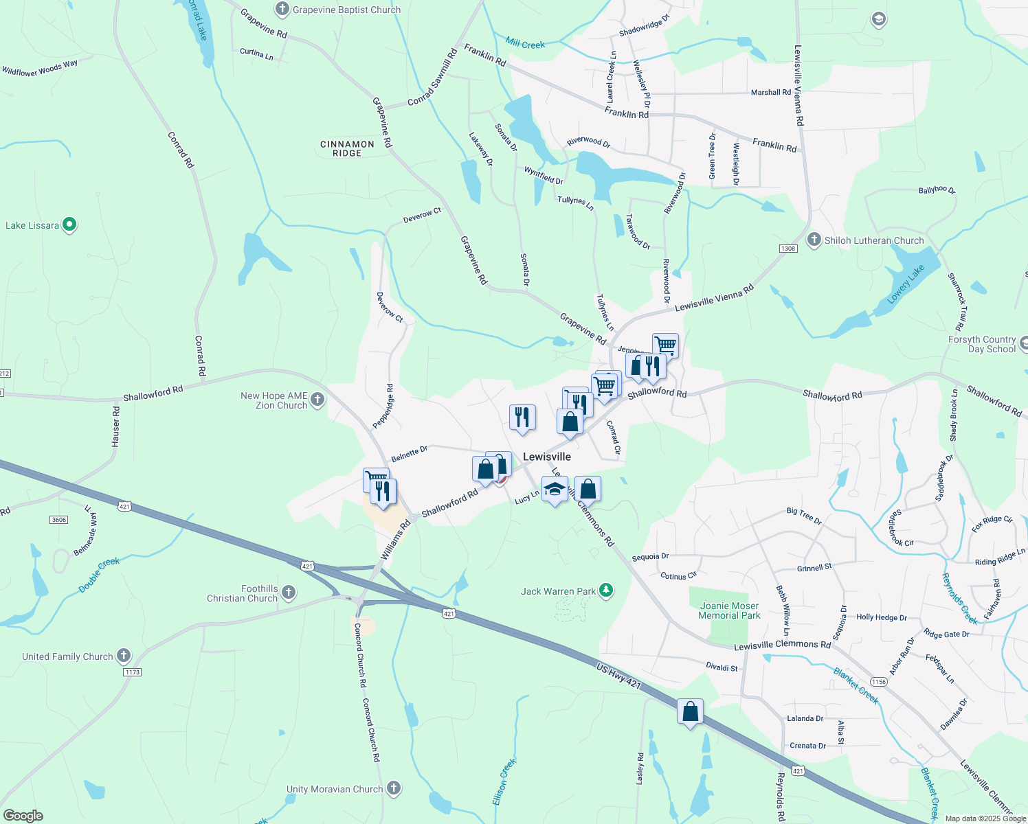 map of restaurants, bars, coffee shops, grocery stores, and more near 185 Will Austin Court in Lewisville