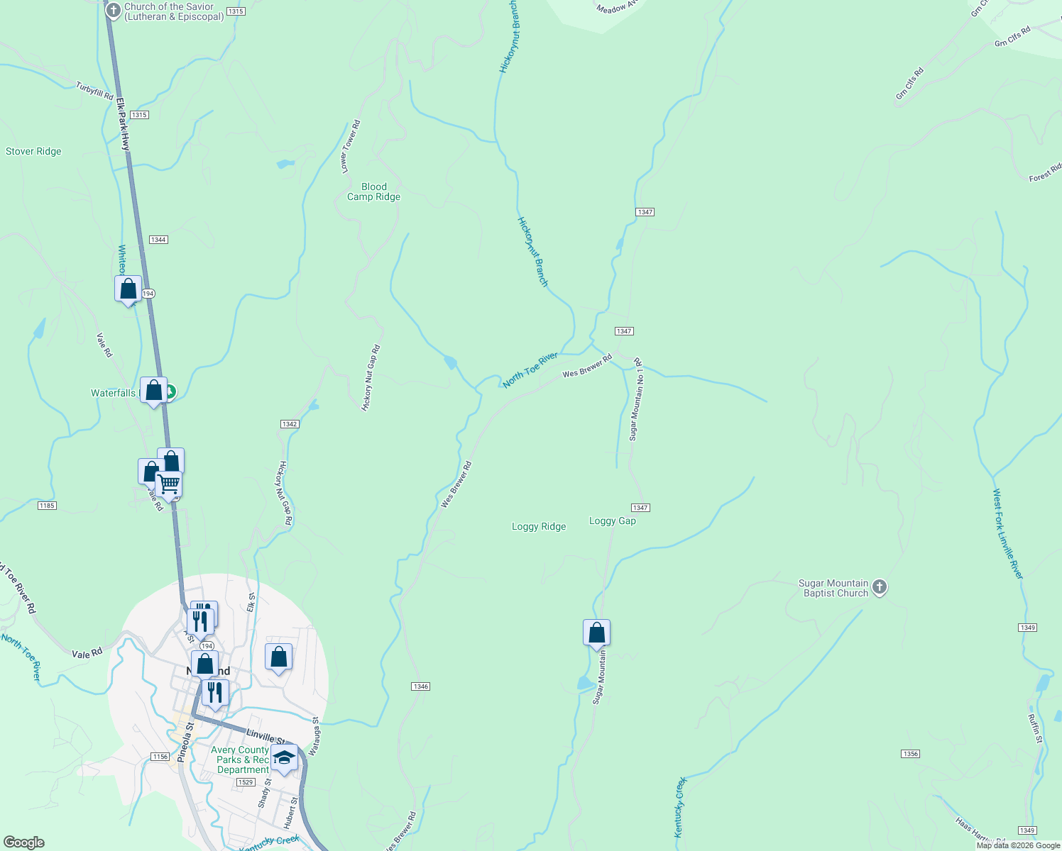 map of restaurants, bars, coffee shops, grocery stores, and more near 1690 Wes Brewer Road in Newland