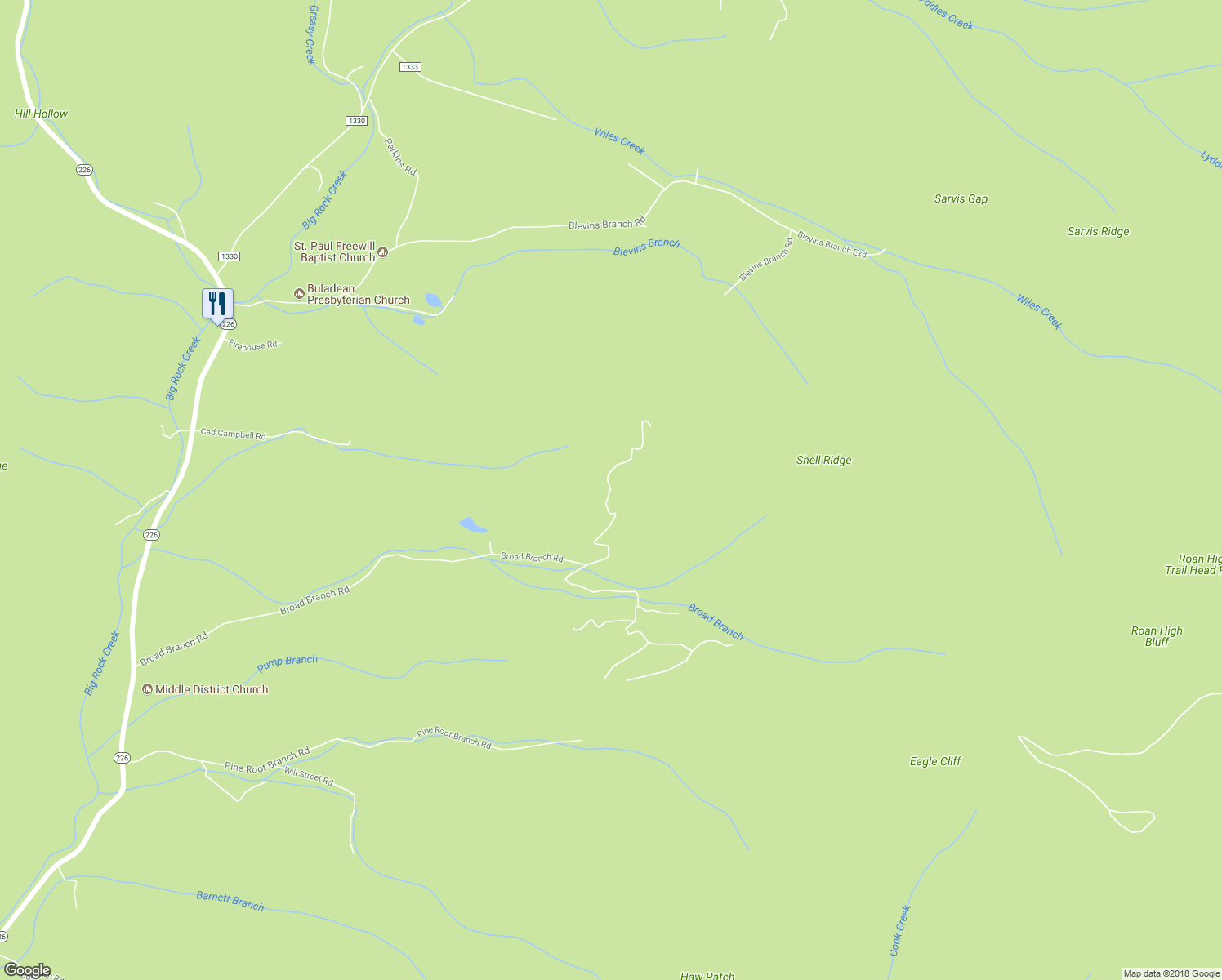 map of restaurants, bars, coffee shops, grocery stores, and more near Nicholas Knoll Road in Bakersville