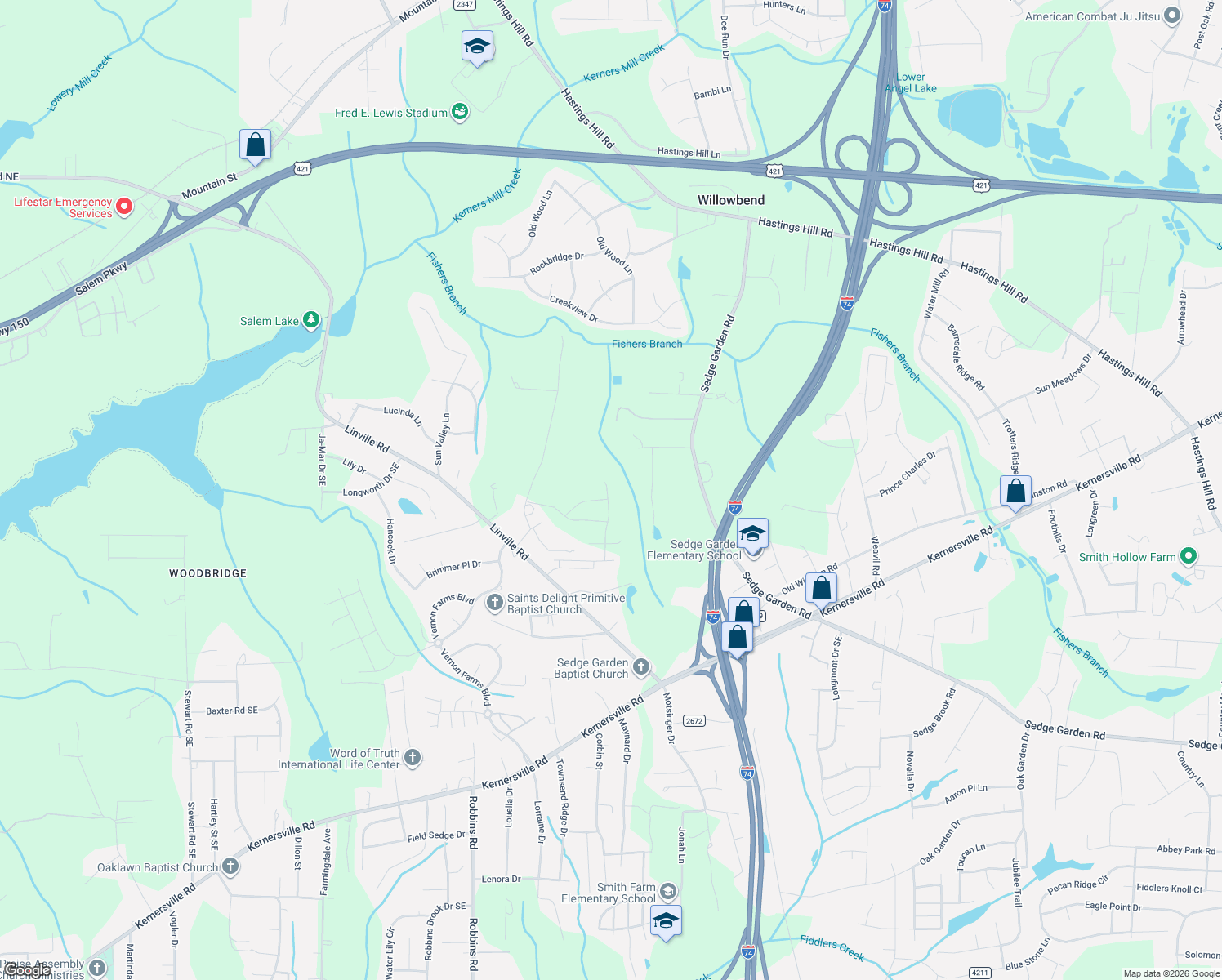 map of restaurants, bars, coffee shops, grocery stores, and more near 4701 Bell West Drive in Kernersville