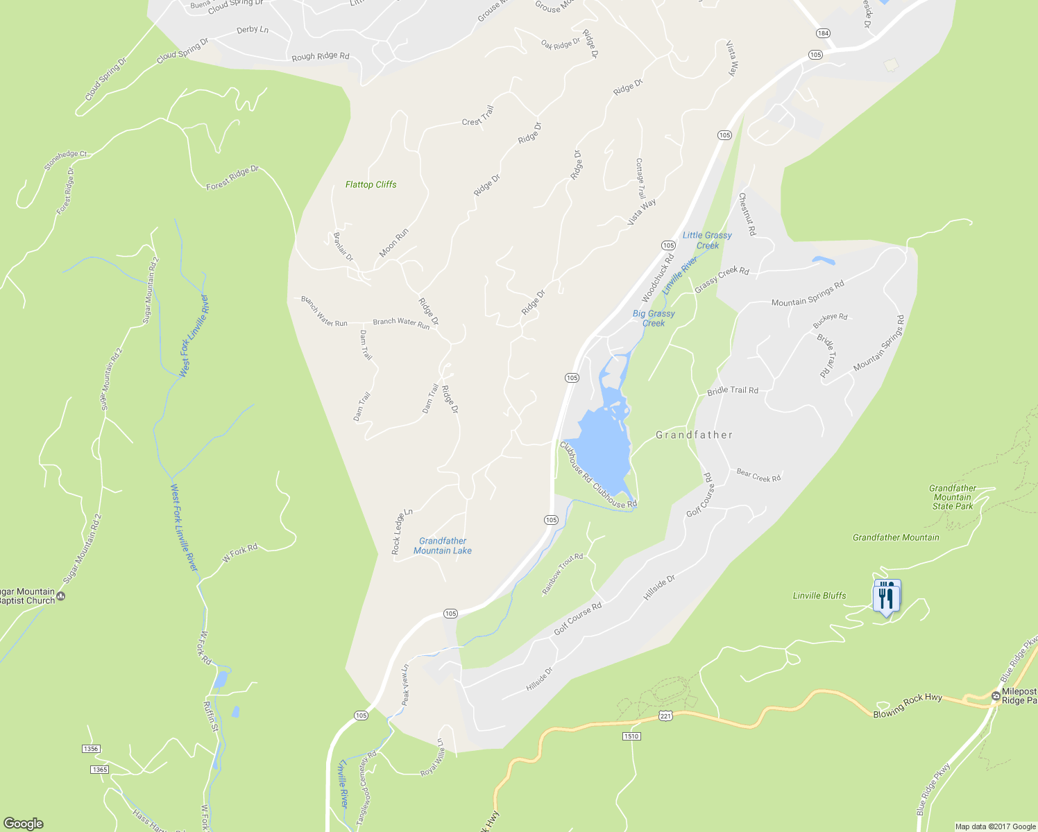 map of restaurants, bars, coffee shops, grocery stores, and more near 102 Belvidere in Linville