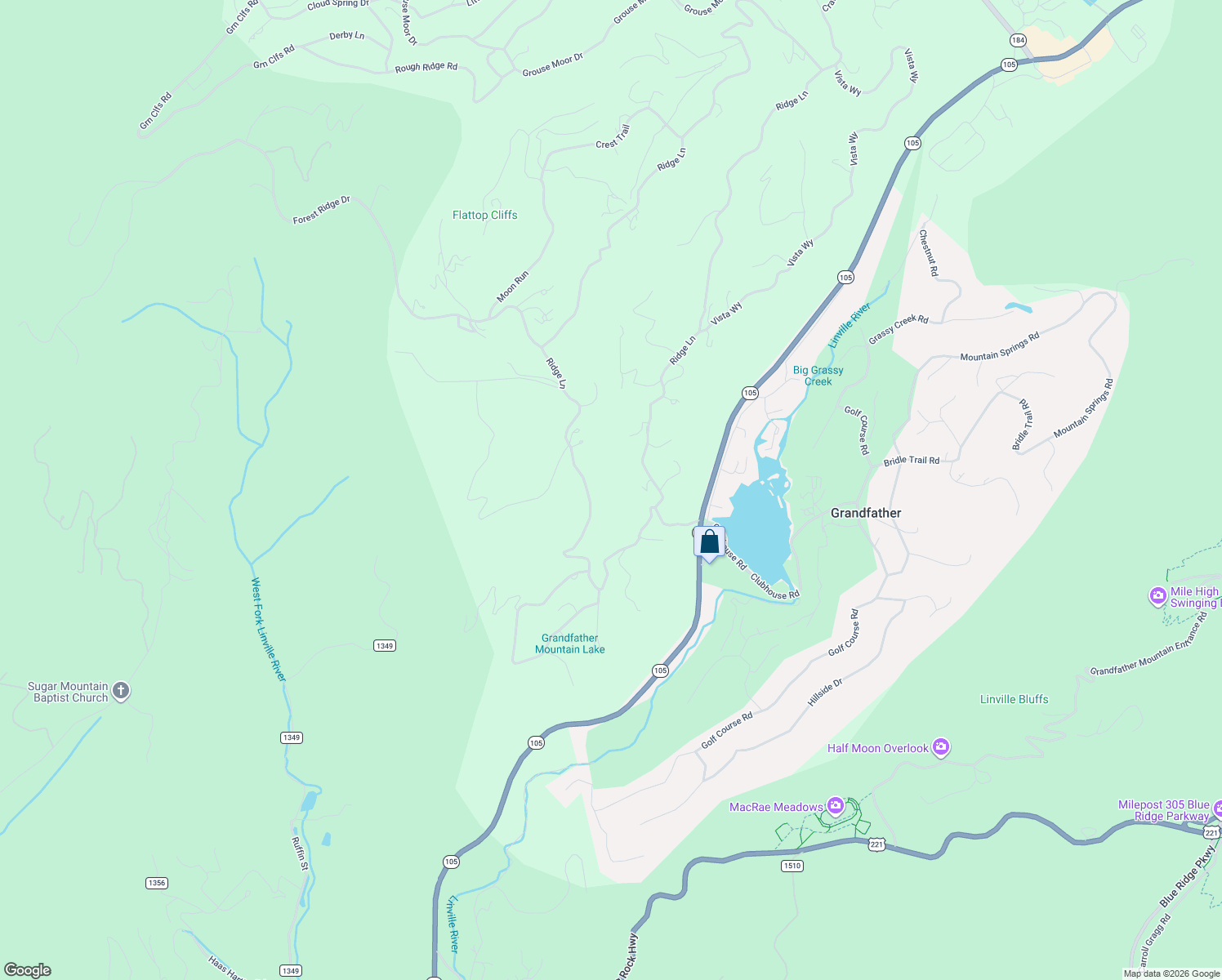 map of restaurants, bars, coffee shops, grocery stores, and more near 323 Dam Trail in Linville