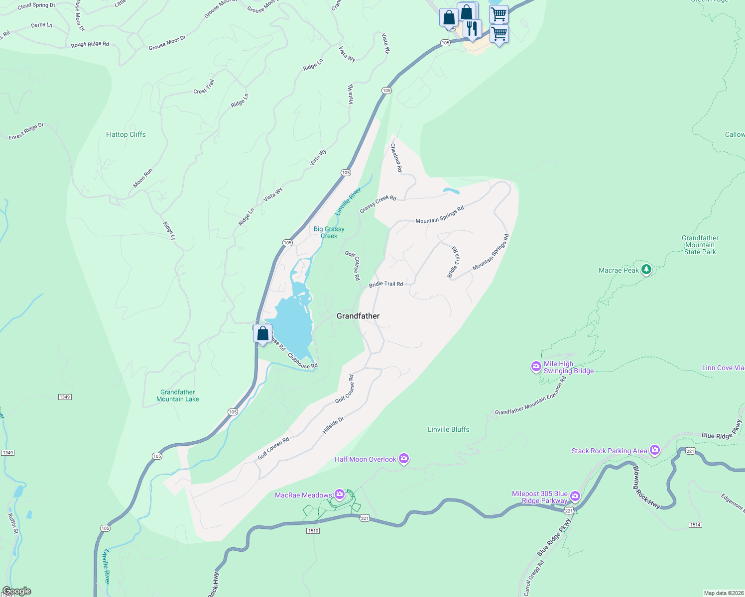 map of restaurants, bars, coffee shops, grocery stores, and more near 2125 Mountain Springs Road in Linville