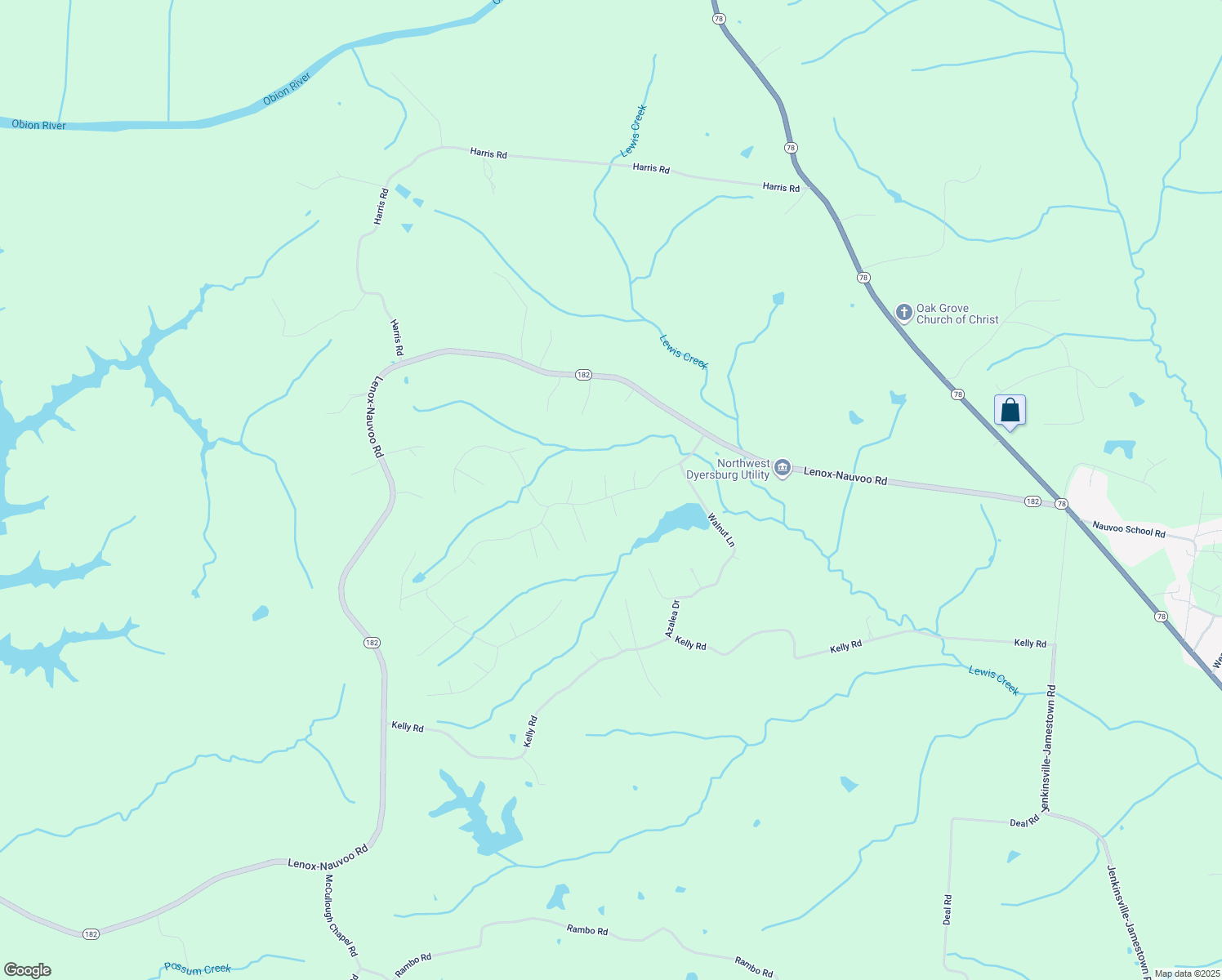 map of restaurants, bars, coffee shops, grocery stores, and more near 20 White Oak Circle in Dyersburg