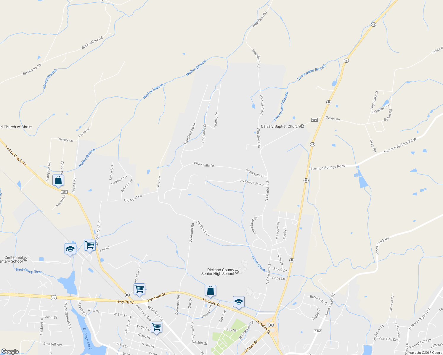 map of restaurants, bars, coffee shops, grocery stores, and more near 166 Hickory Hollow Drive in Dickson