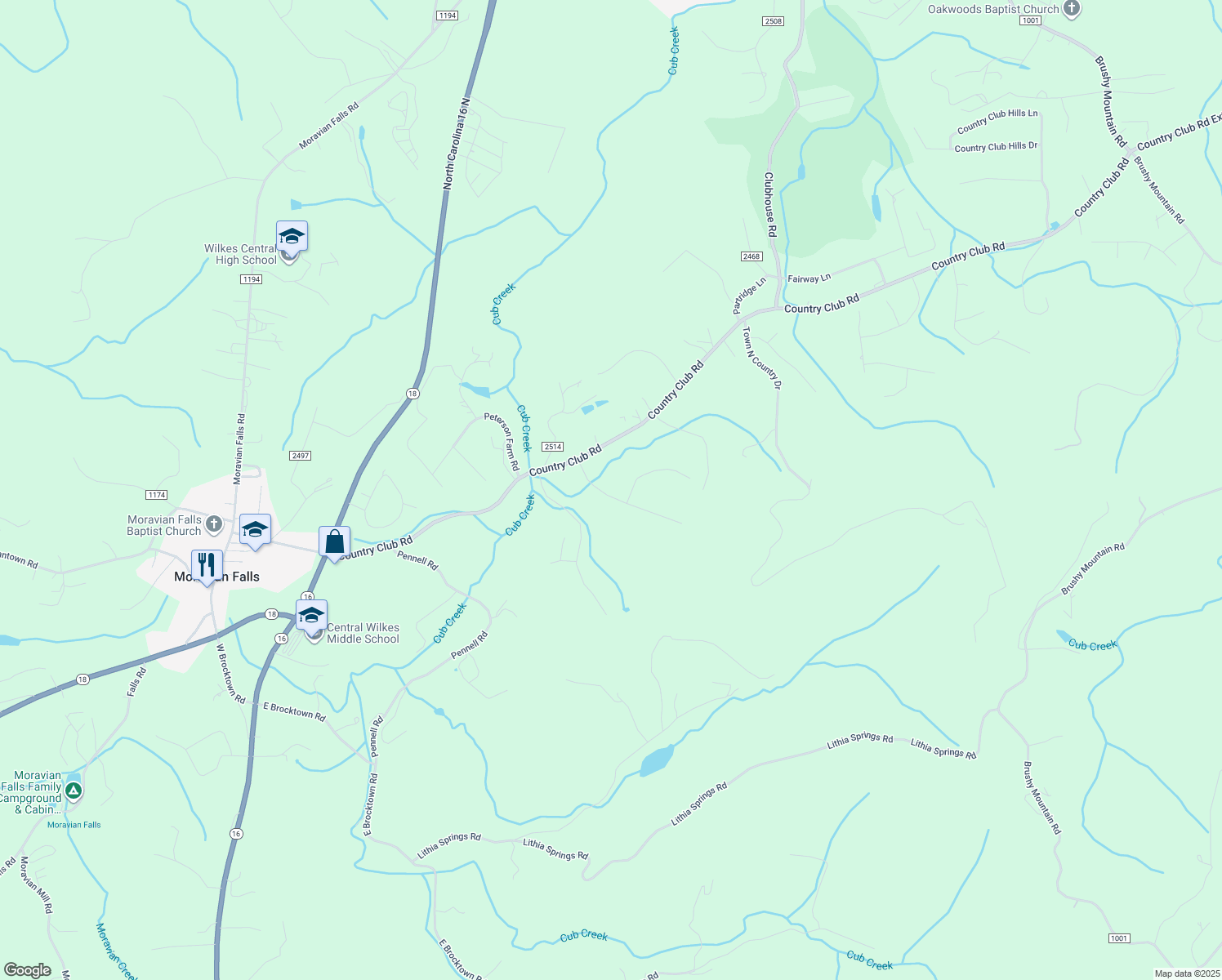 map of restaurants, bars, coffee shops, grocery stores, and more near 235 Old Farms Road in Wilkesboro