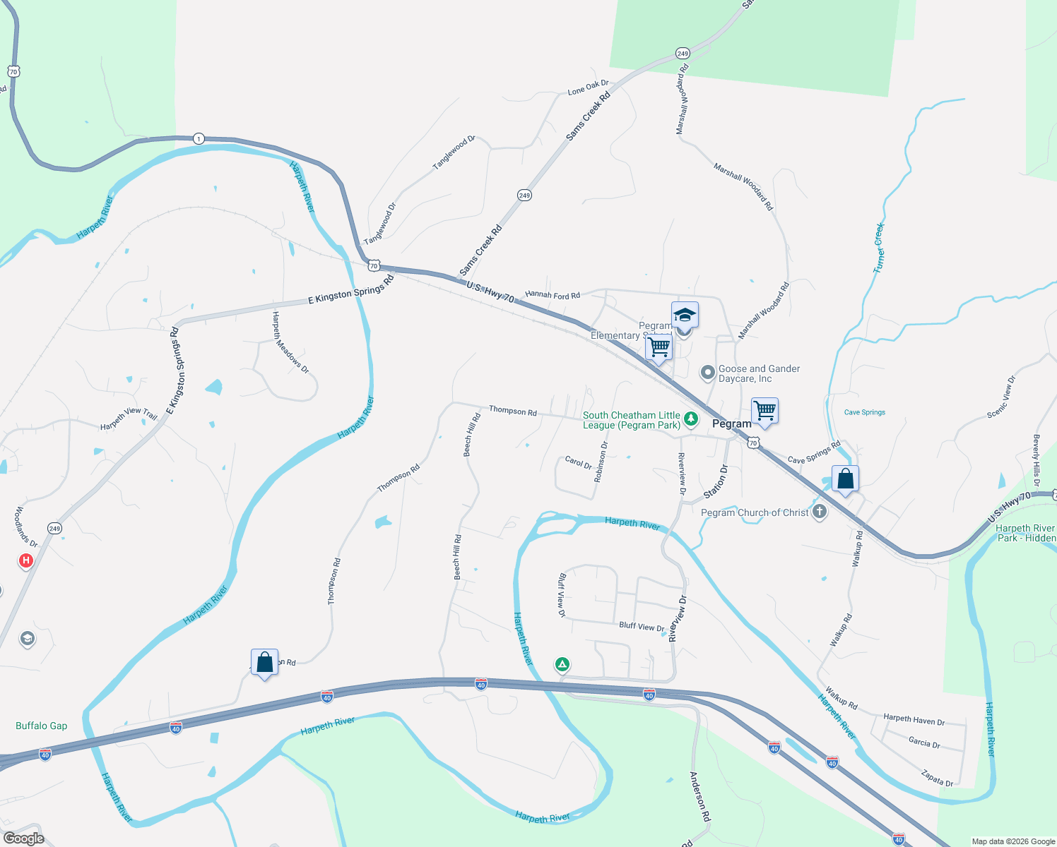 map of restaurants, bars, coffee shops, grocery stores, and more near 627 Thompson Rd in Pegram