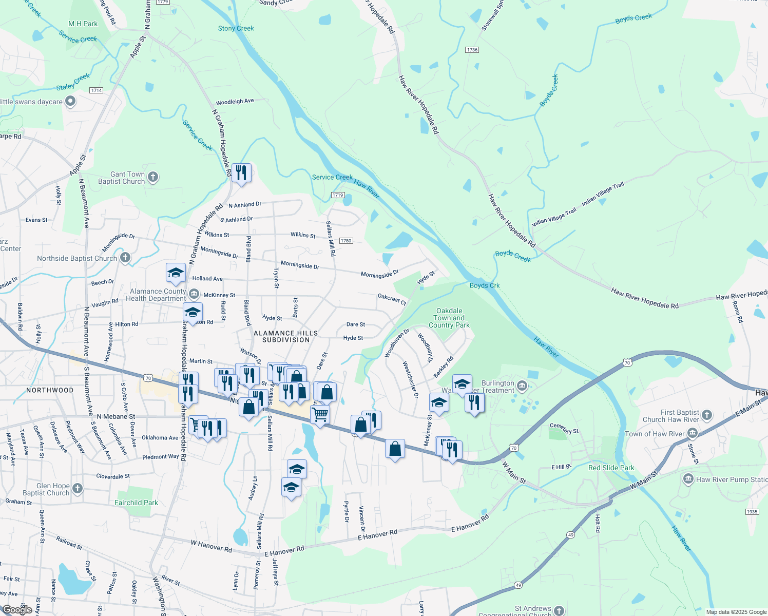 map of restaurants, bars, coffee shops, grocery stores, and more near 2552 McKinney Street in Burlington