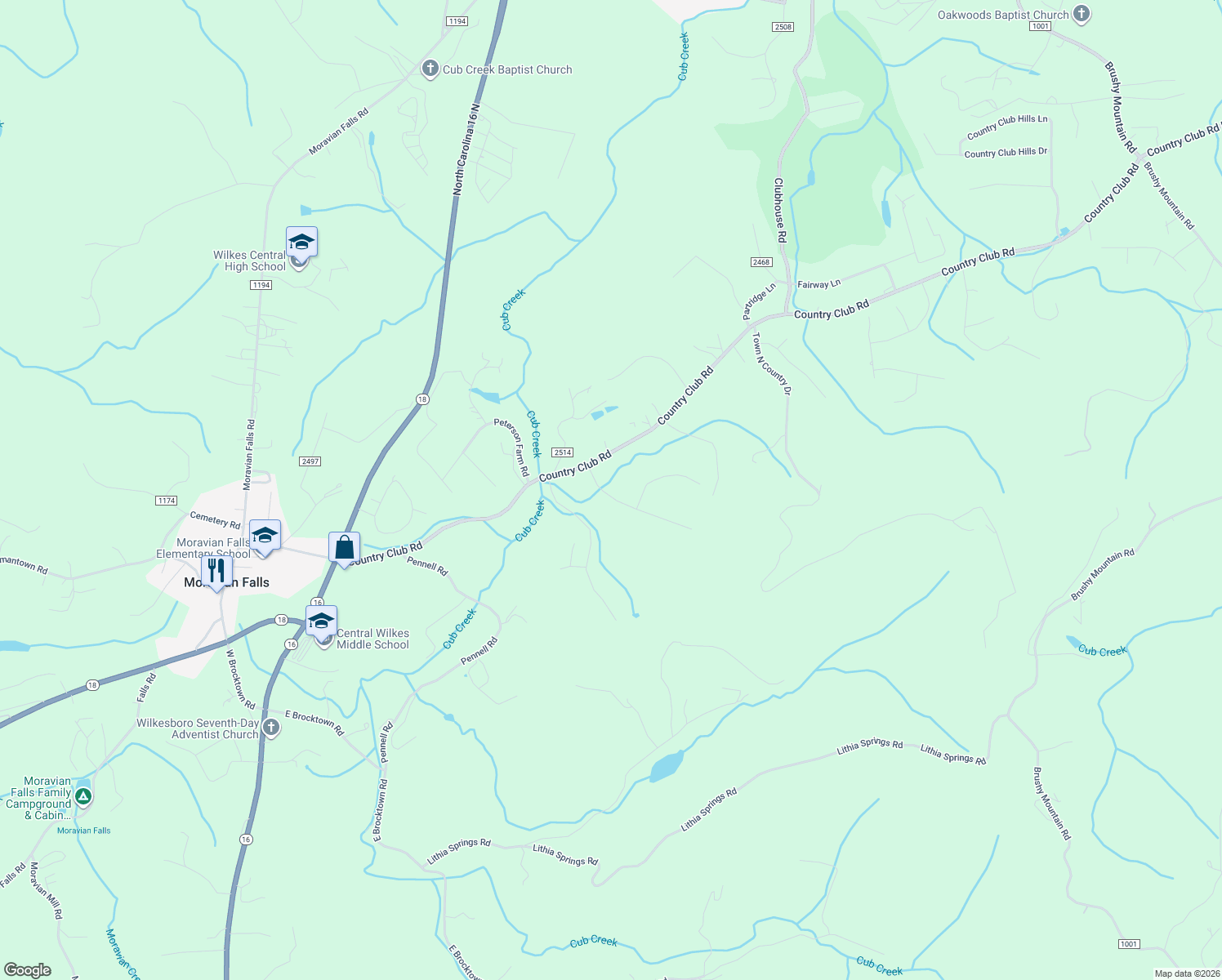 map of restaurants, bars, coffee shops, grocery stores, and more near 195 Old Farms Road in Wilkesboro