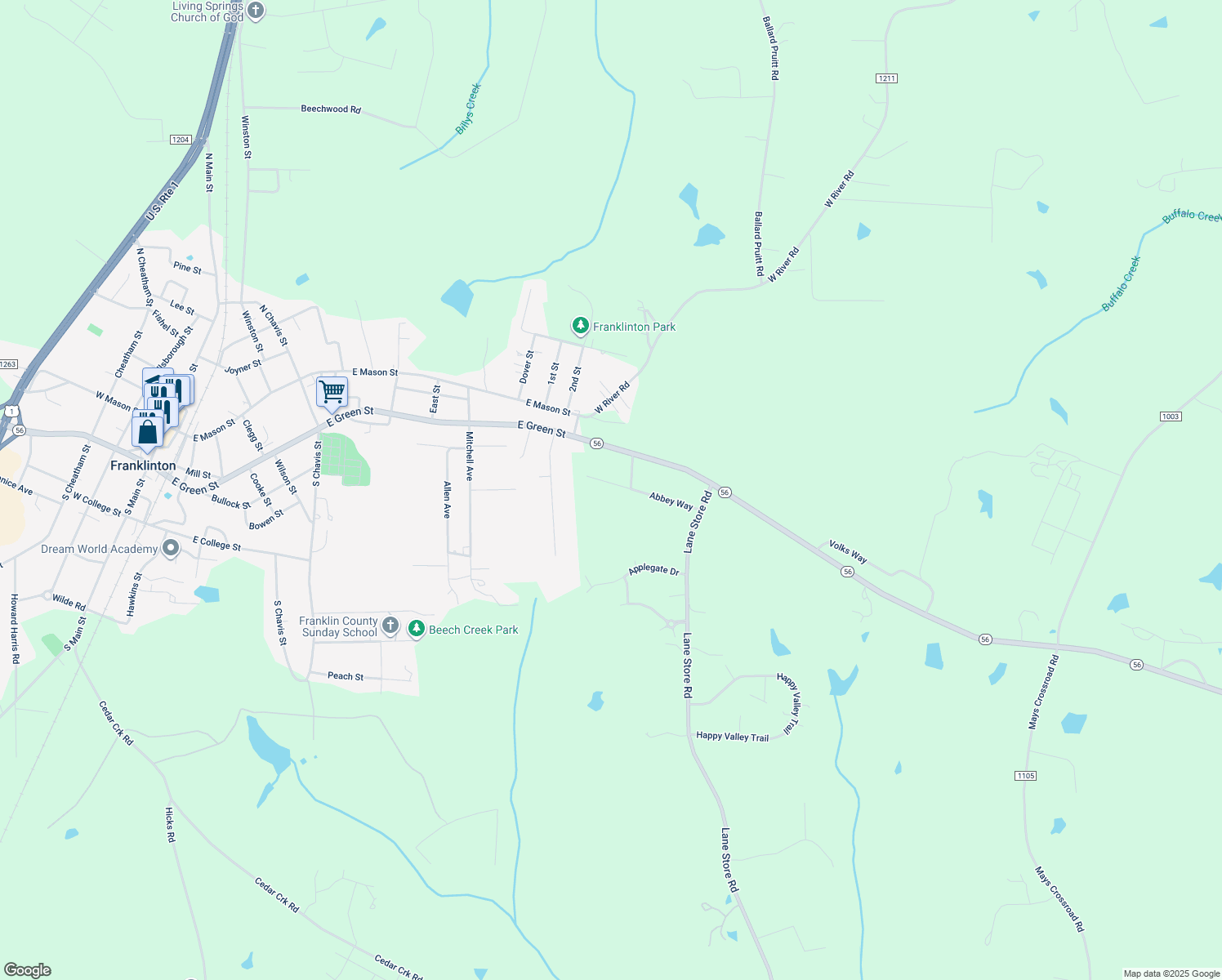 map of restaurants, bars, coffee shops, grocery stores, and more near 133 Abbey Way in Franklinton