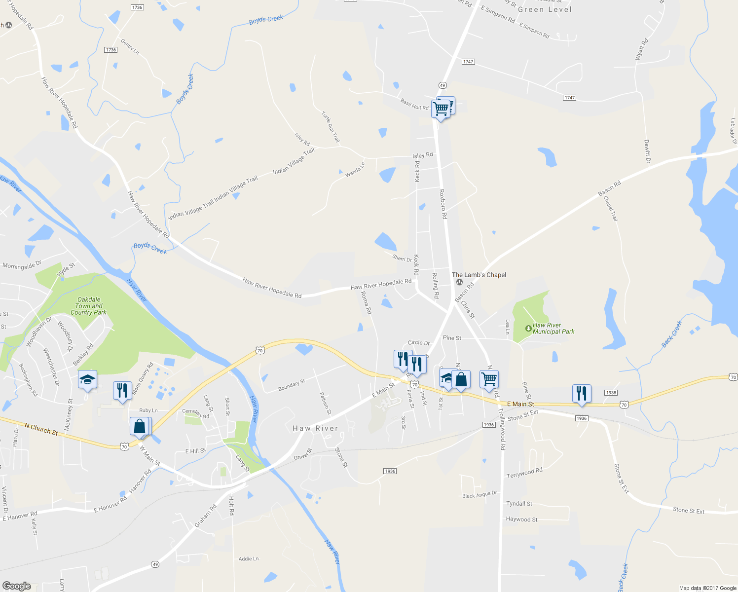 map of restaurants, bars, coffee shops, grocery stores, and more near 419 Roma Road in Haw River