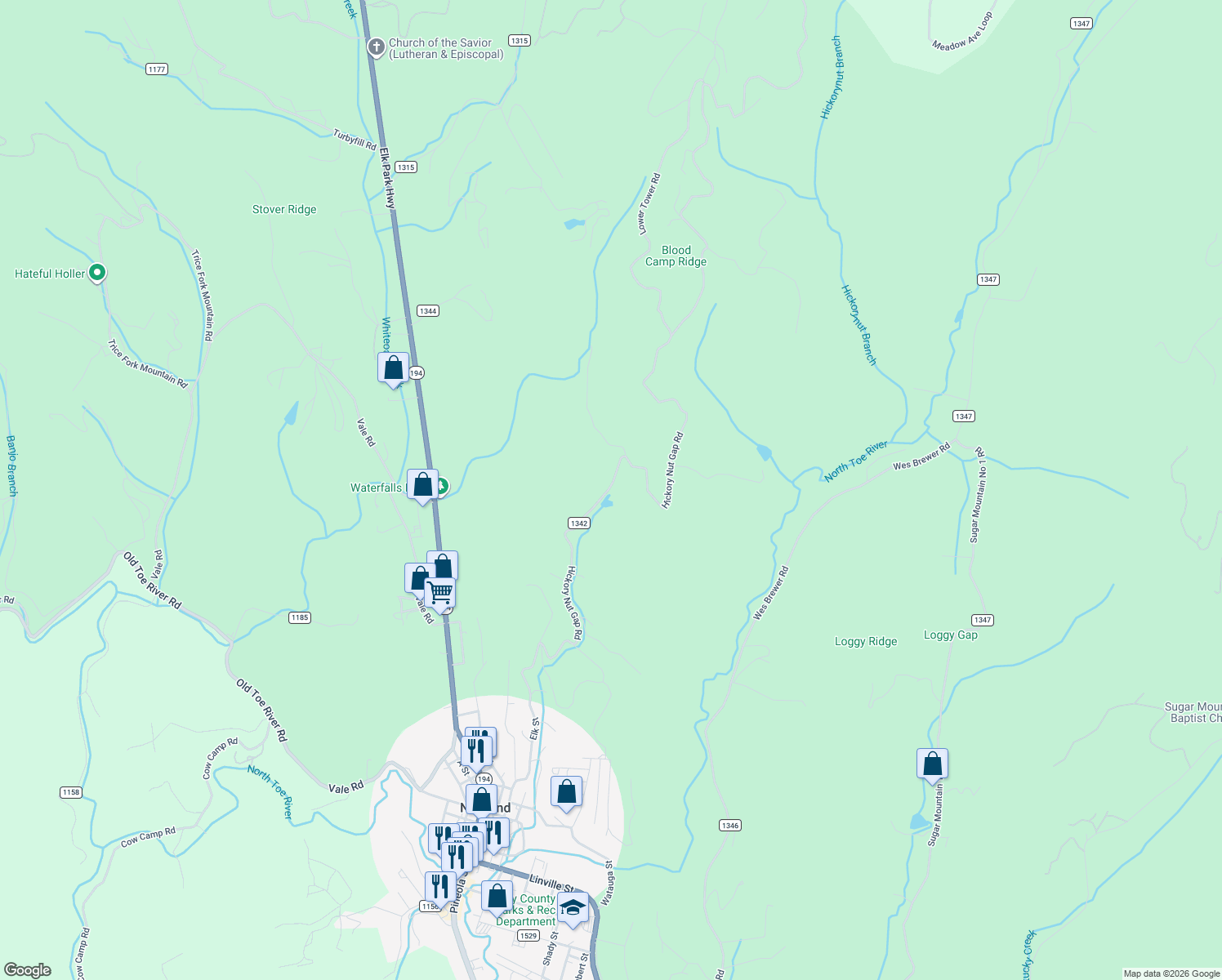 map of restaurants, bars, coffee shops, grocery stores, and more near 5107 Hickory Nut Gap Road in Banner Elk
