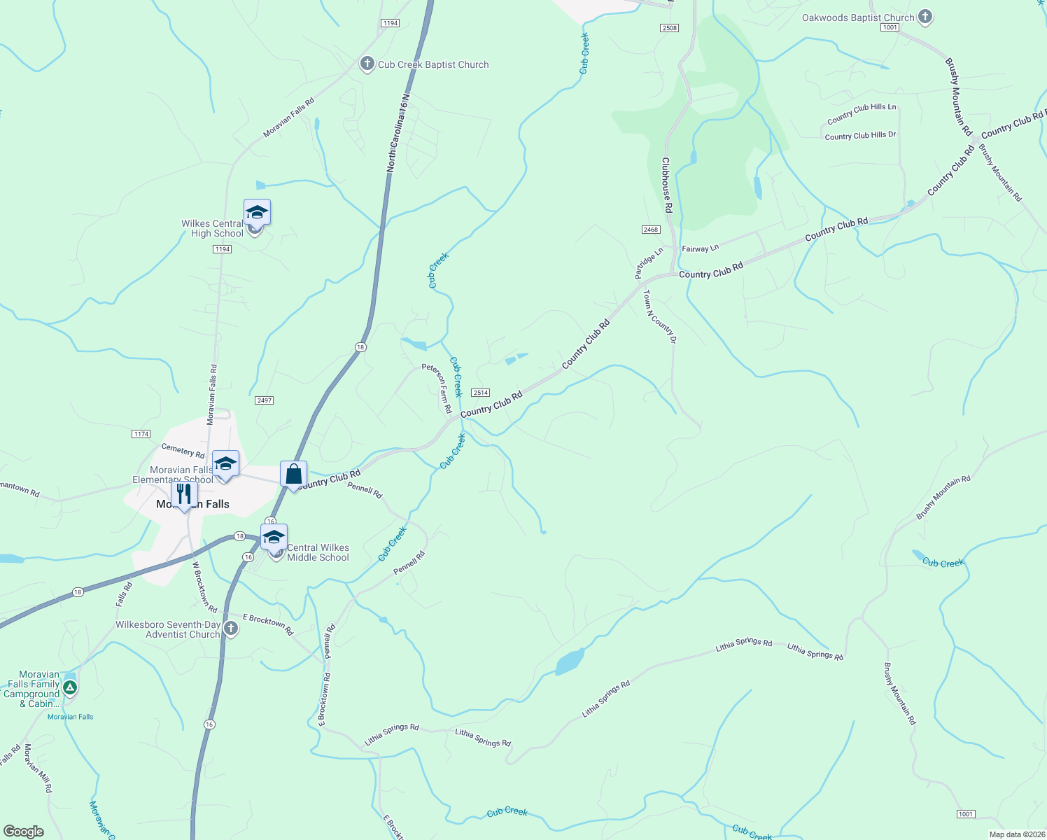 map of restaurants, bars, coffee shops, grocery stores, and more near 195 Old Farms Road in Wilkesboro