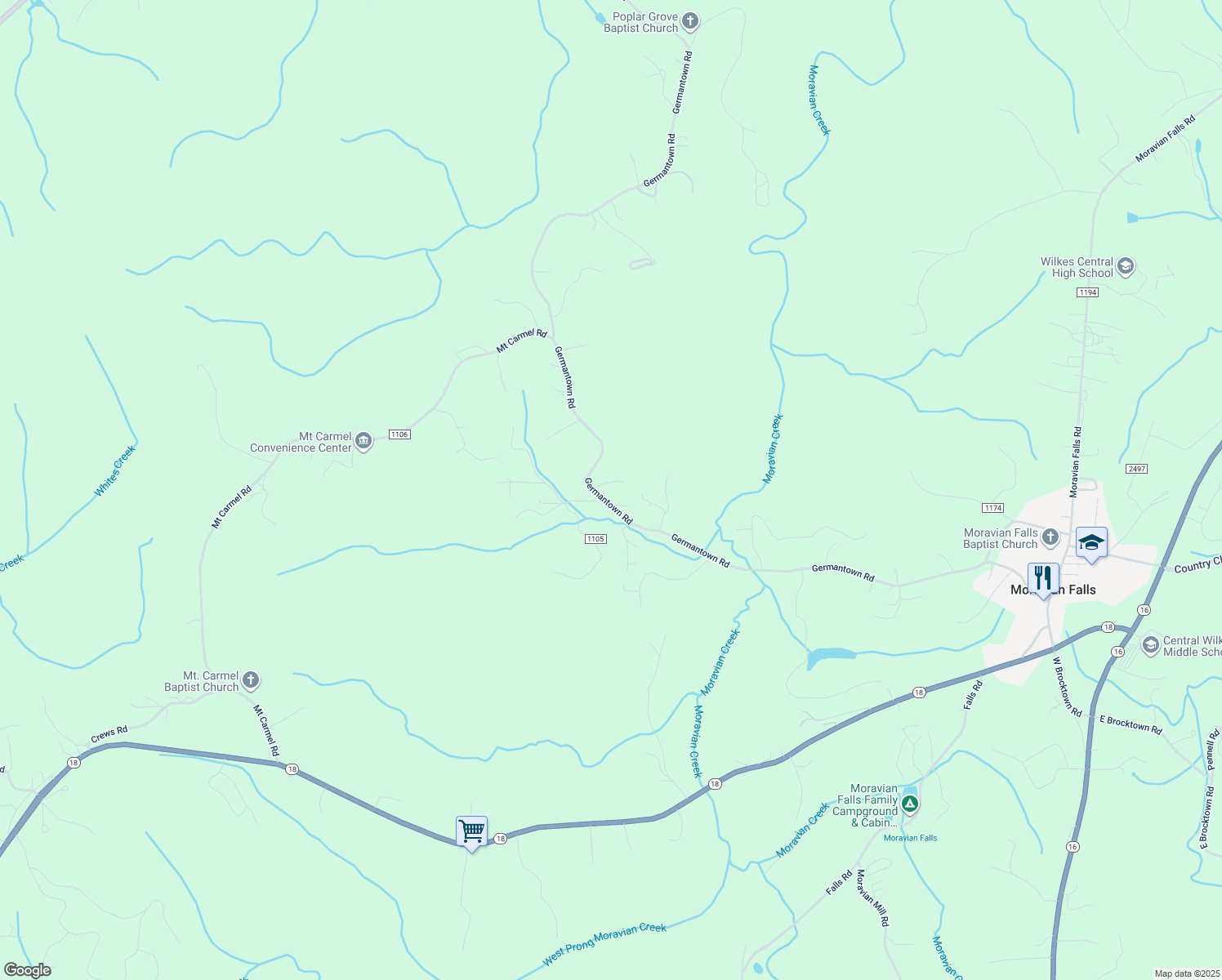 map of restaurants, bars, coffee shops, grocery stores, and more near 2539 Germantown Road in Moravian Falls