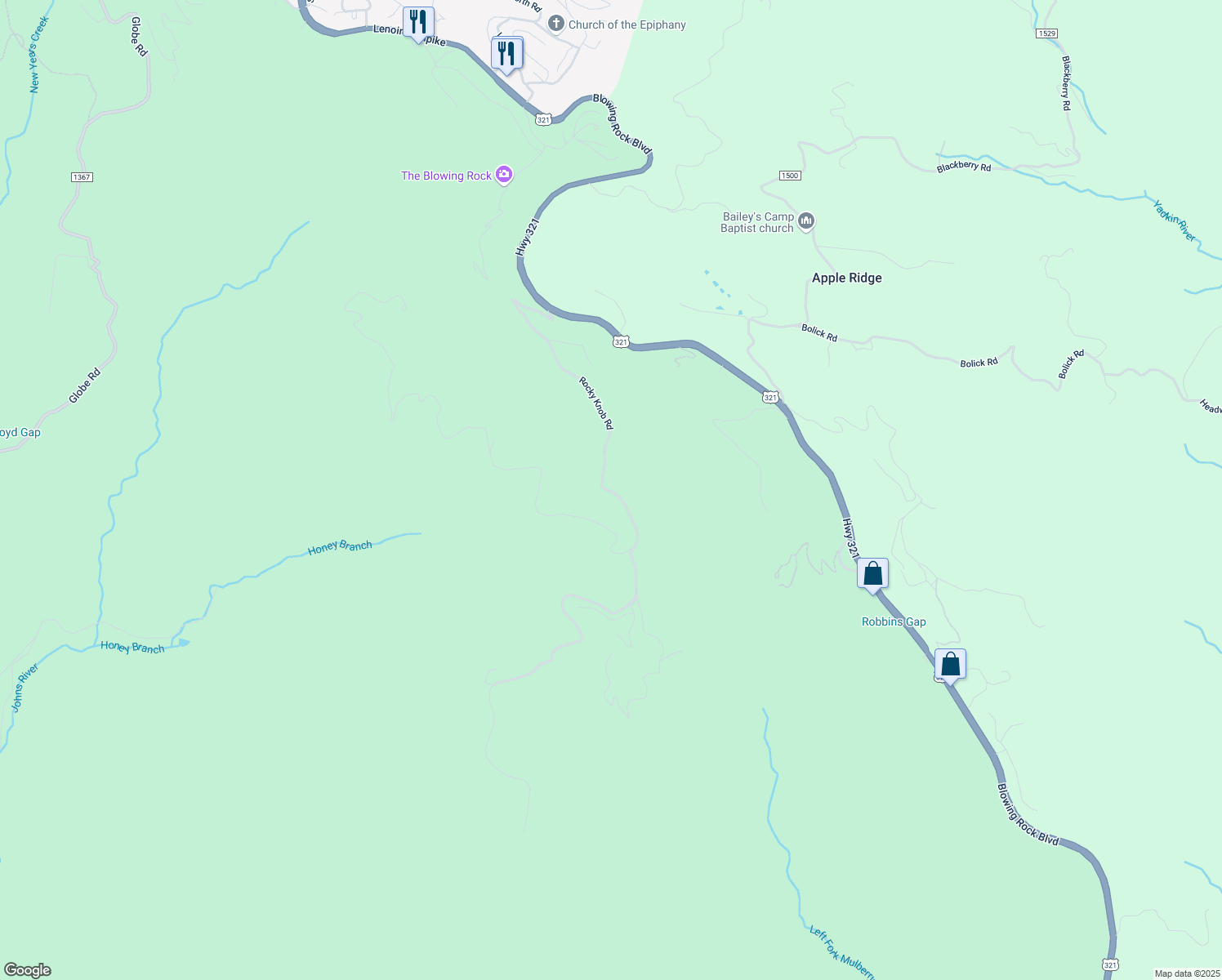 map of restaurants, bars, coffee shops, grocery stores, and more near Rocky Knob Road in Lenoir