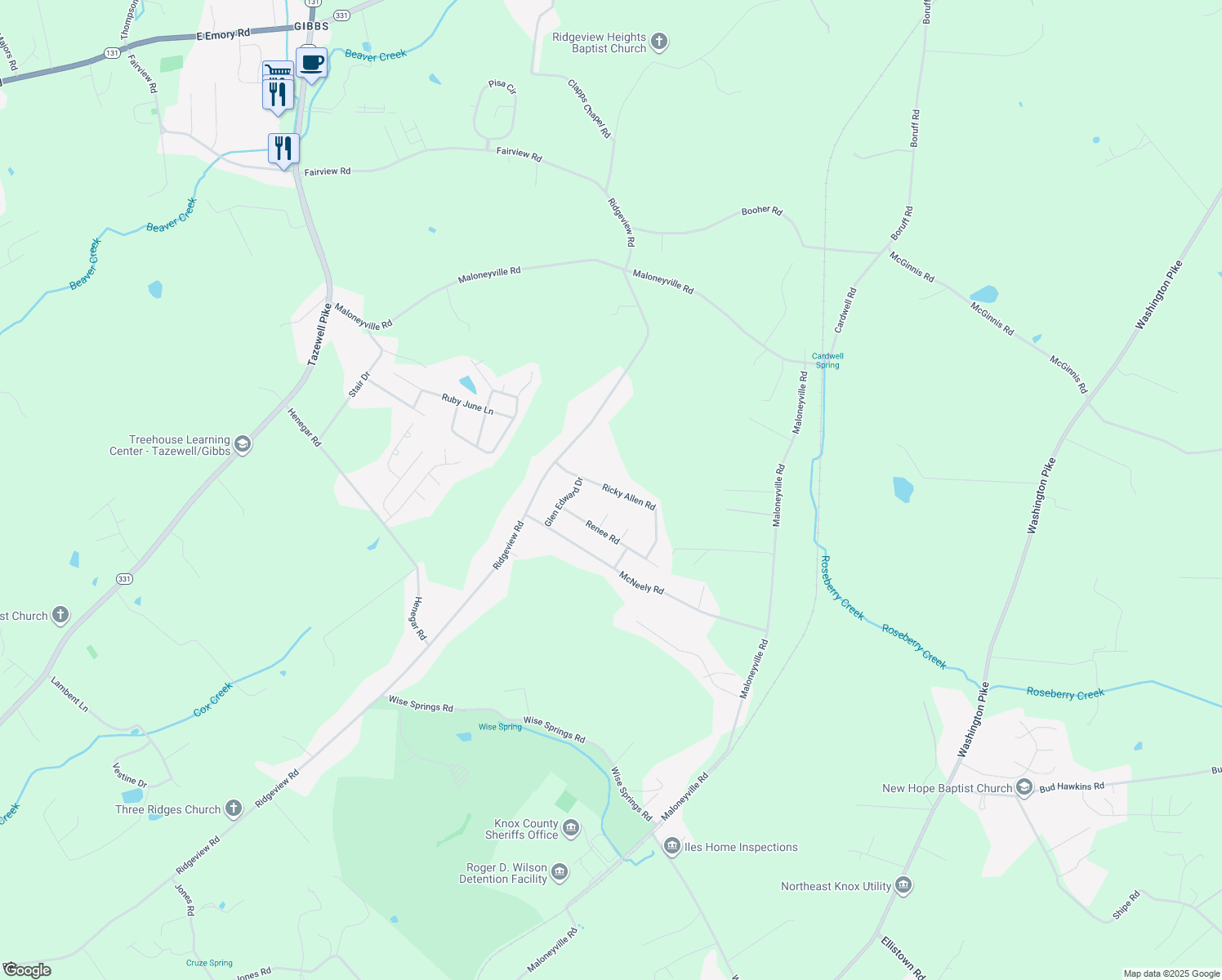 map of restaurants, bars, coffee shops, grocery stores, and more near 6213 Ricky Allen Road in Corryton