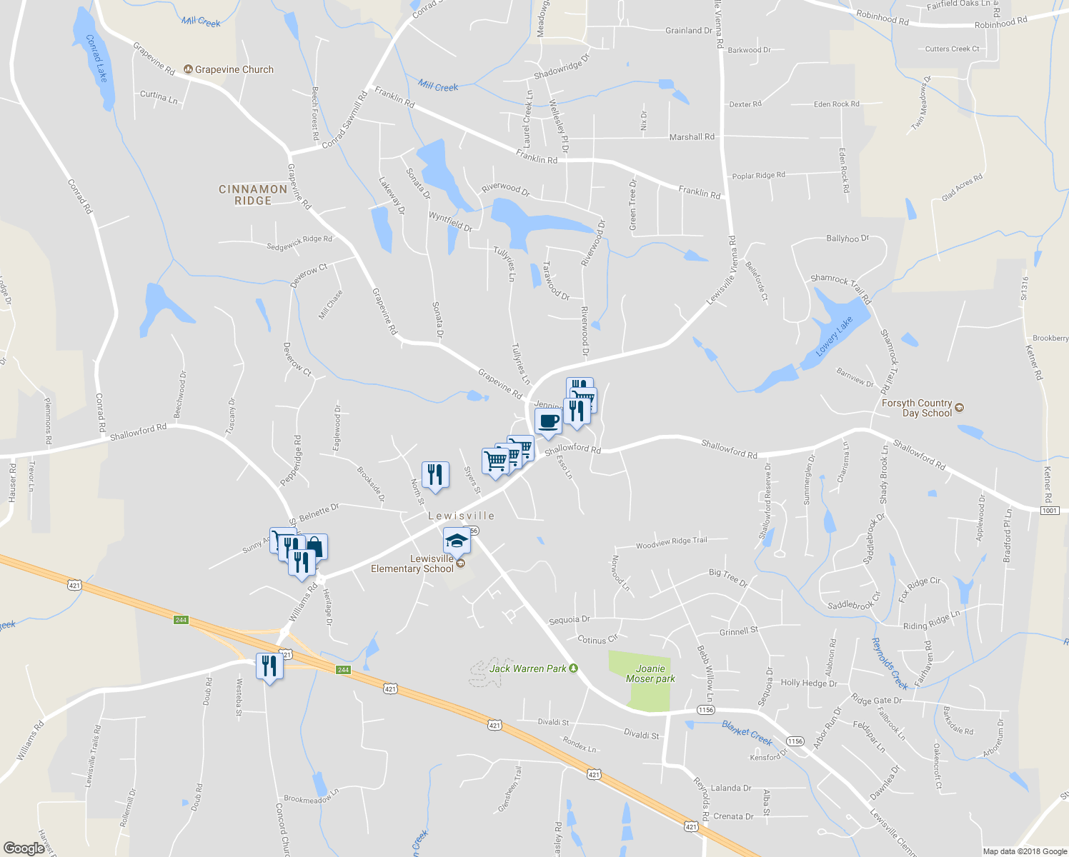 map of restaurants, bars, coffee shops, grocery stores, and more near 171 Lewisville Vienna Road in Lewisville