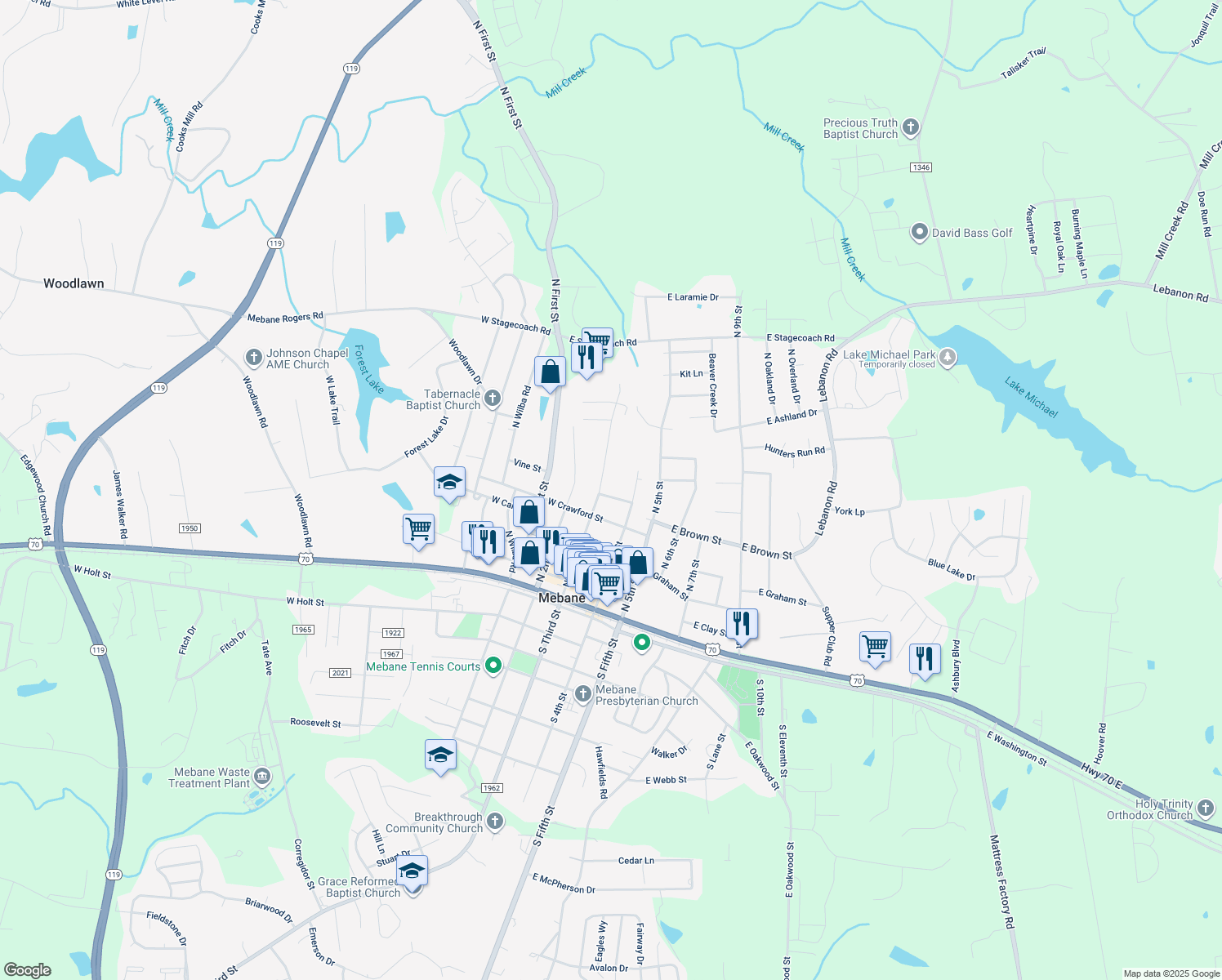 map of restaurants, bars, coffee shops, grocery stores, and more near 108 W Brown St in Mebane