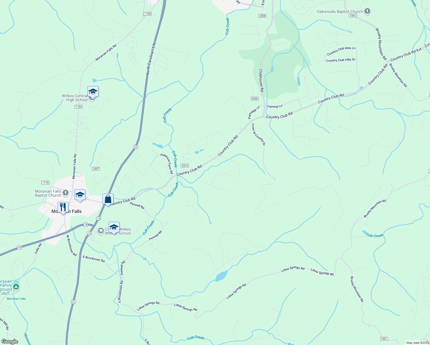 map of restaurants, bars, coffee shops, grocery stores, and more near 195 Ivy Lane in Wilkesboro