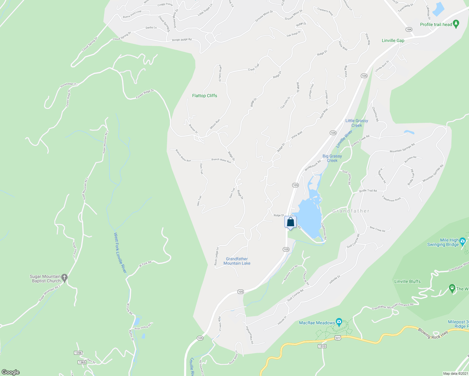 map of restaurants, bars, coffee shops, grocery stores, and more near 323 Dam Trail in Linville