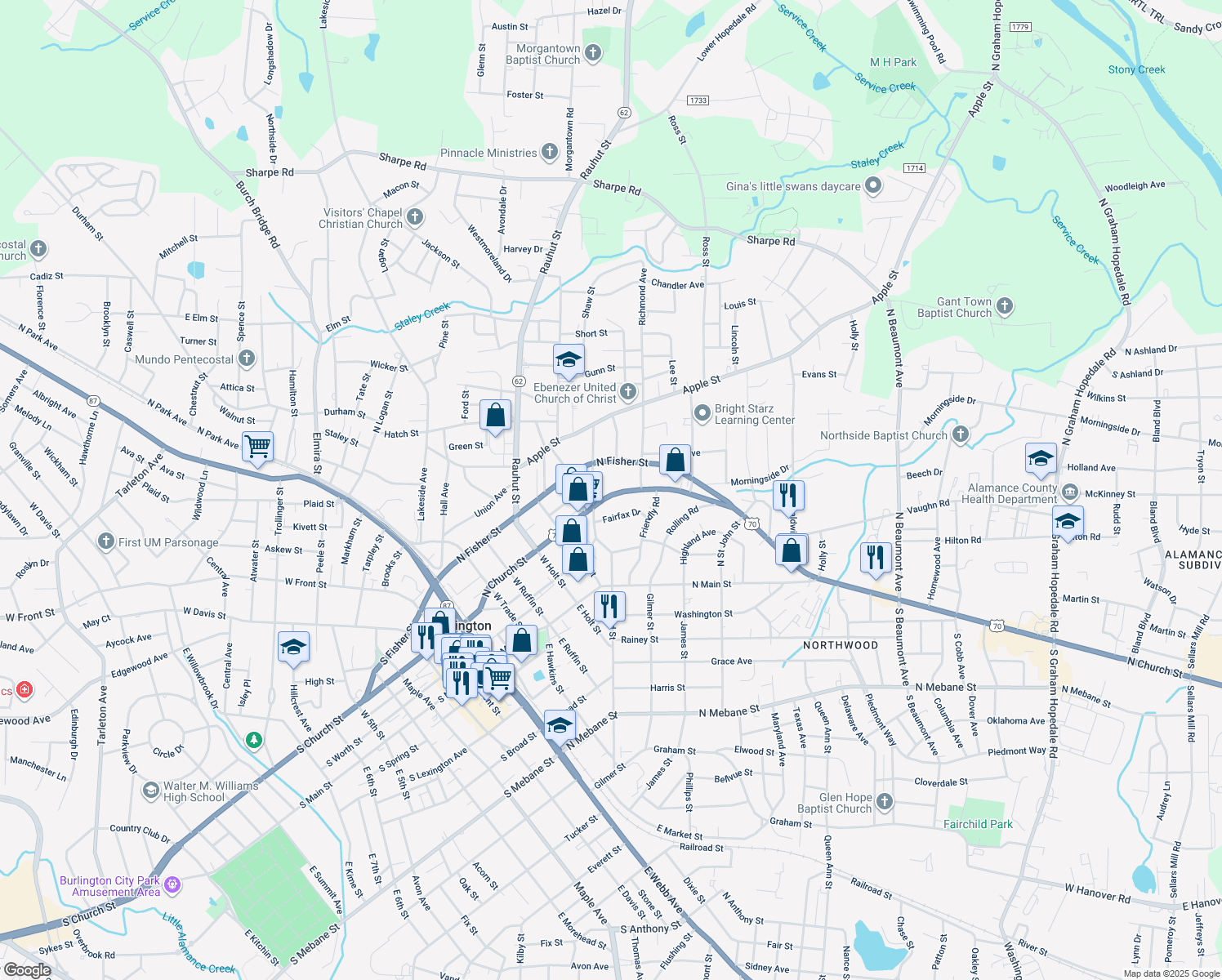 map of restaurants, bars, coffee shops, grocery stores, and more near 618 North Church Street in Burlington