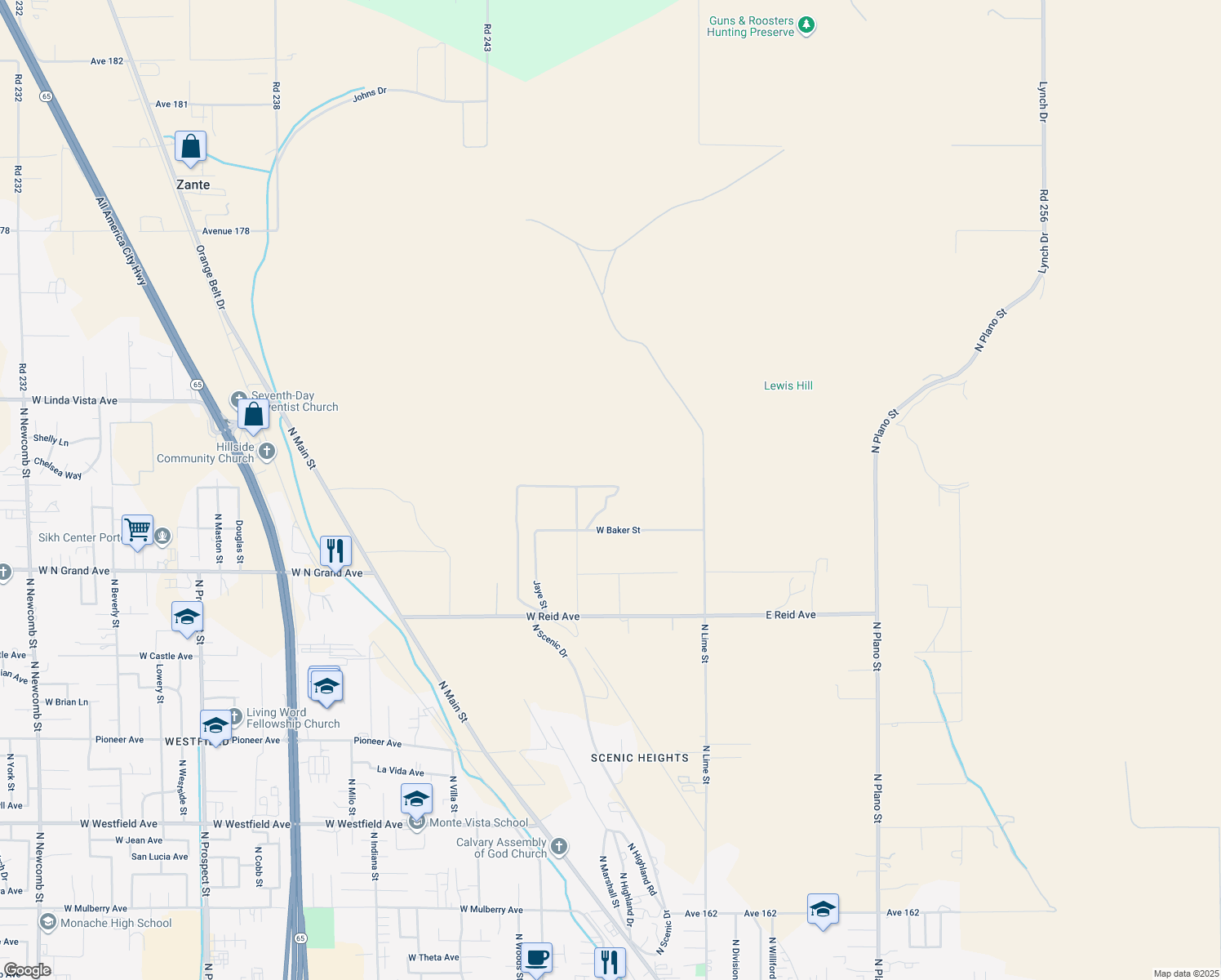 map of restaurants, bars, coffee shops, grocery stores, and more near 326 West Baker Street in Porterville