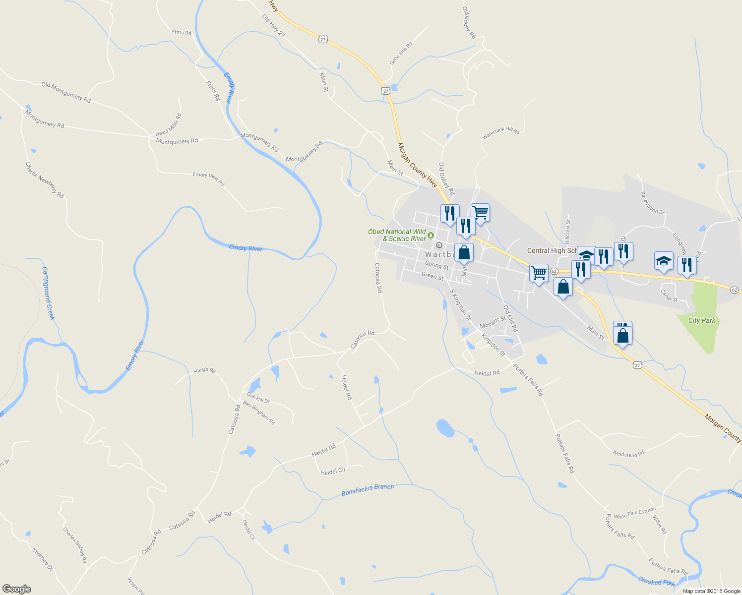 map of restaurants, bars, coffee shops, grocery stores, and more near 150 Catoosa Rd in Wartburg